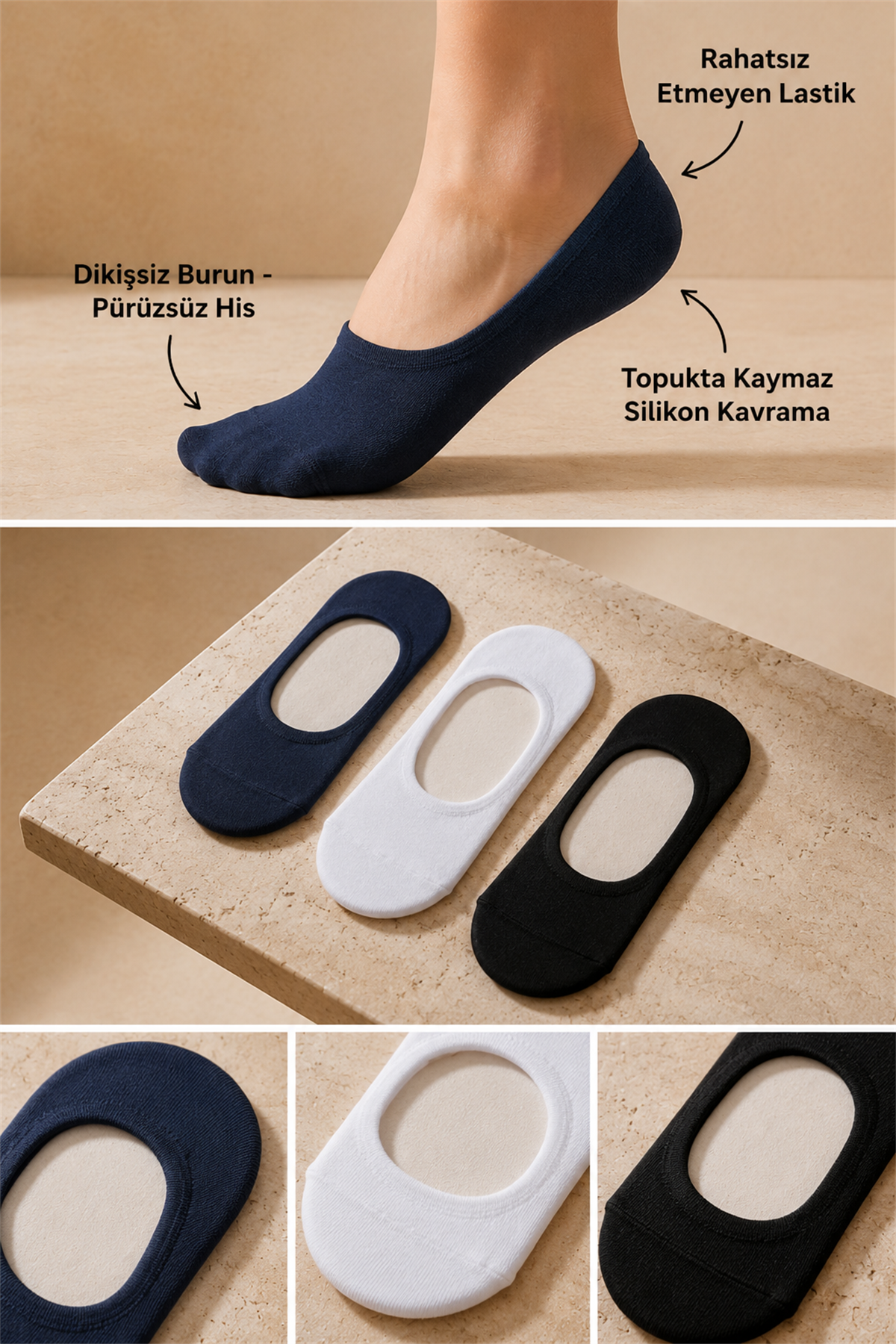 Kadın 3lü Paket Basic Görünmez Babet Çorap Siyah/Beyaz/Lacivert