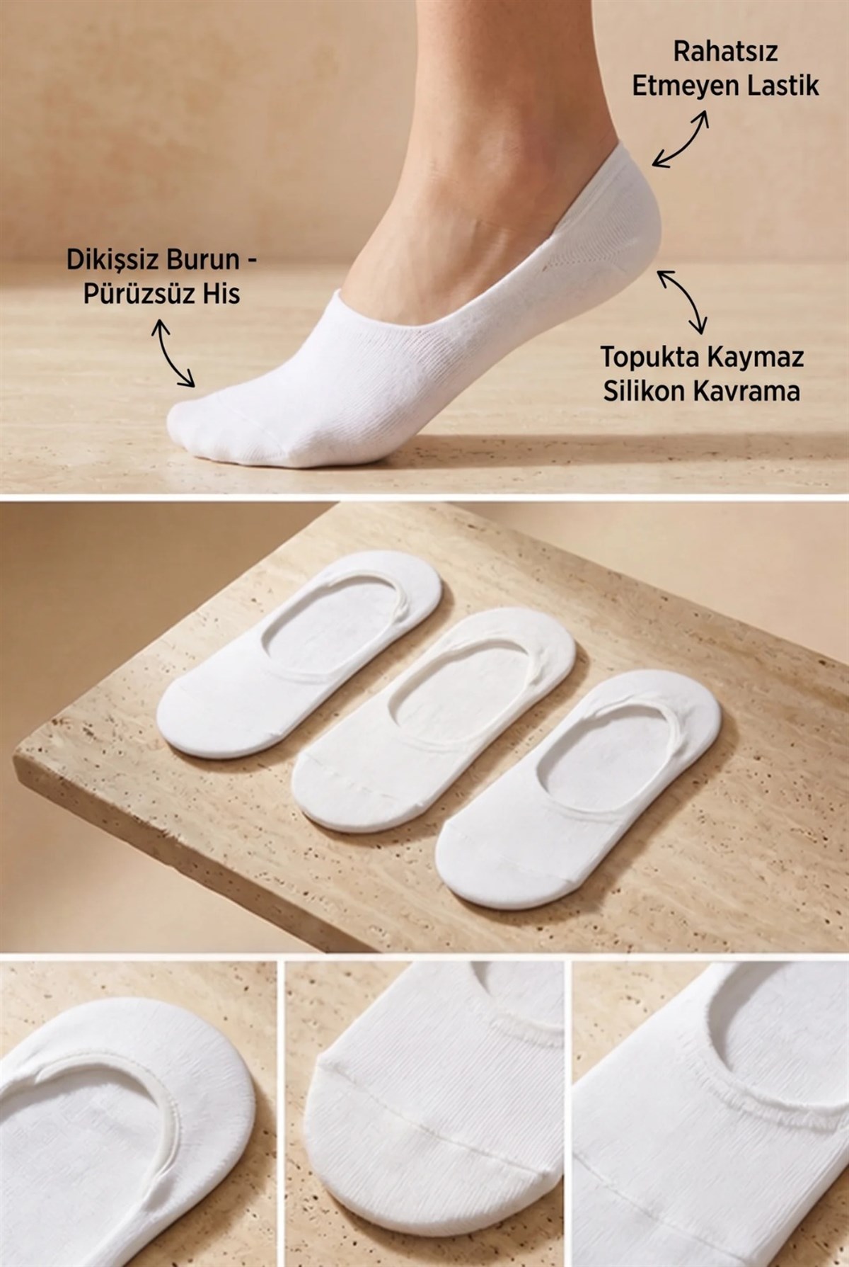 Kadın 3lü Paket Basic Görünmez Babet Çorap Beyaz/Beyaz/Beyaz