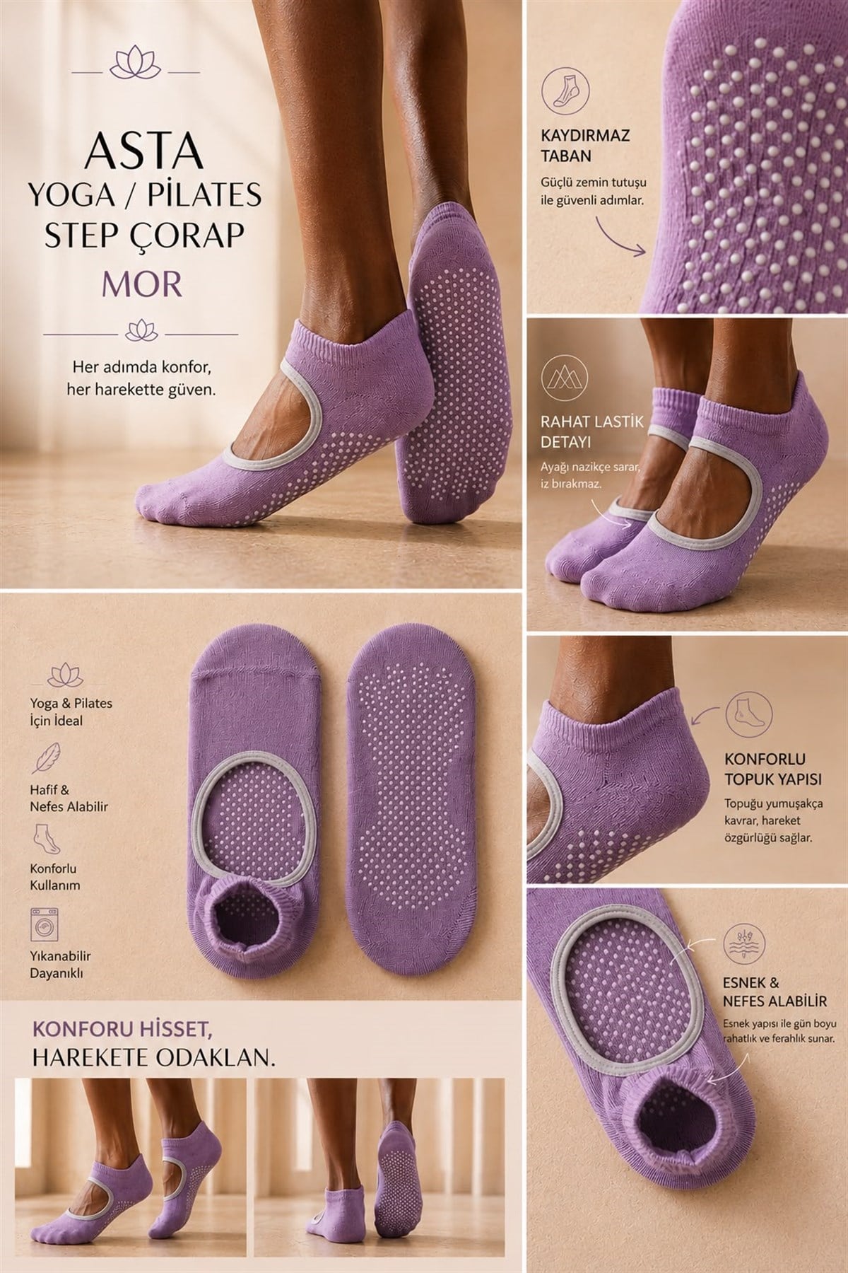 Kadın Asta Yoga / Pilates Step Çorap Mor
