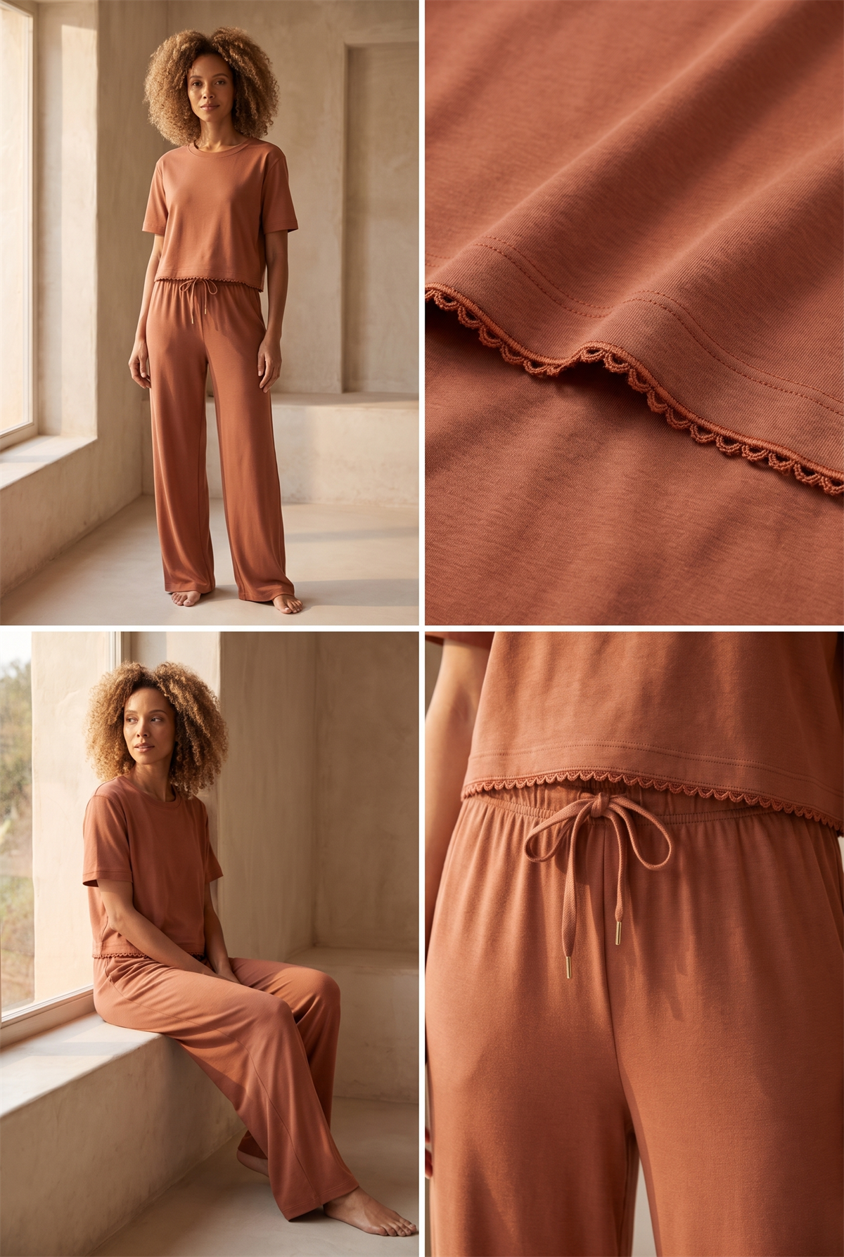 Kadın Beli Bağcıklı Ev Pantolonu Moka
