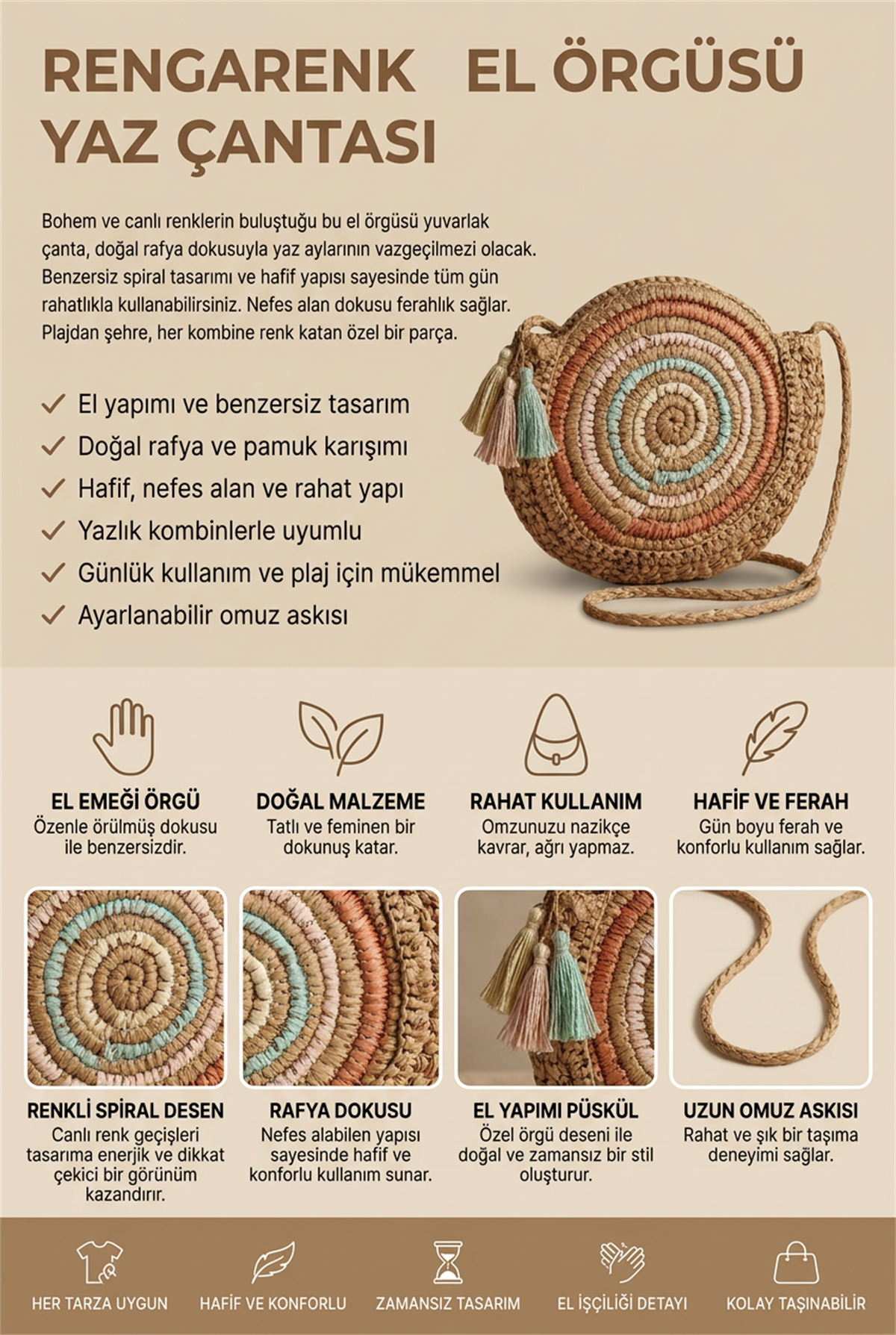 Kadın Camel Çok Renkli Mini Cepli Fermuarlı El Örgüsü Hasır Çanta