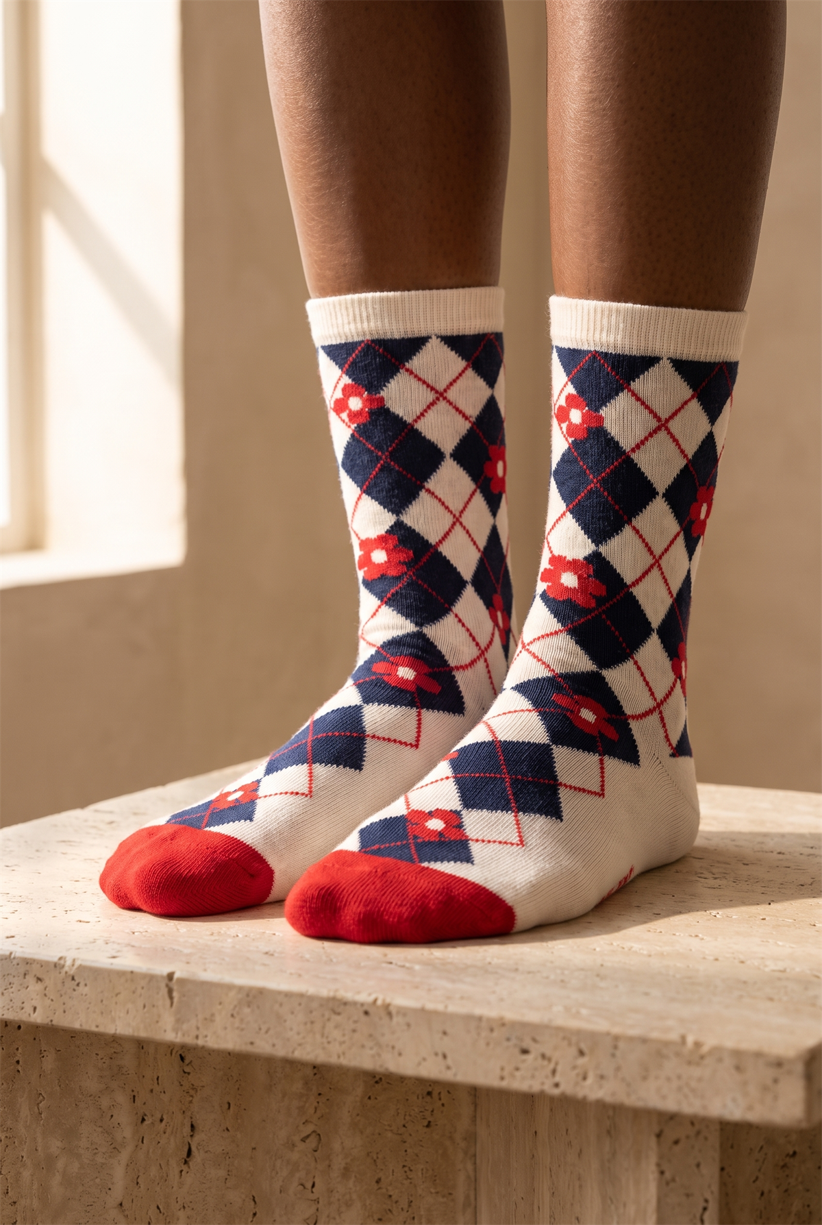 Plaıd Floral Womens Socks Ecru