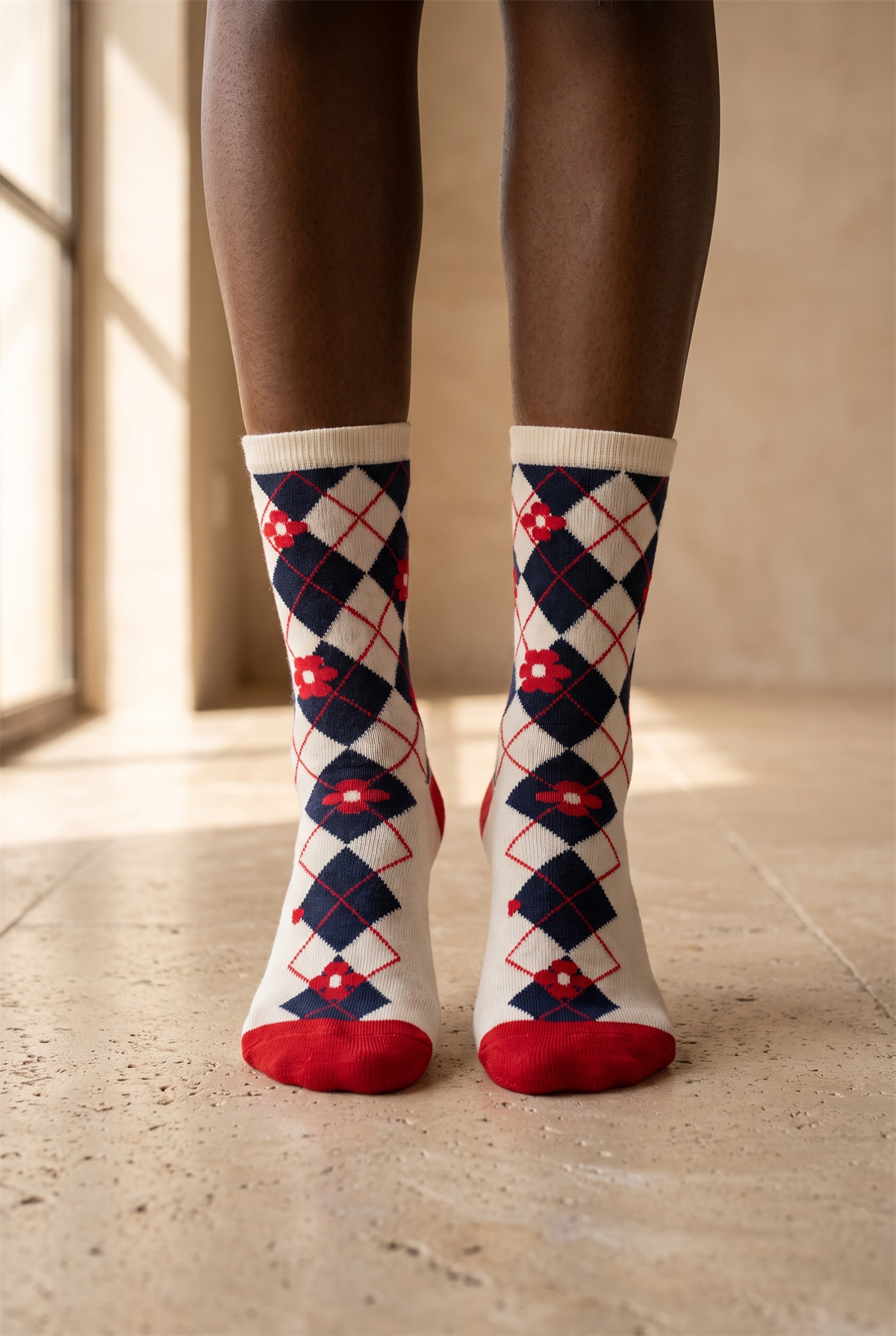 Plaıd Floral Womens Socks Ecru