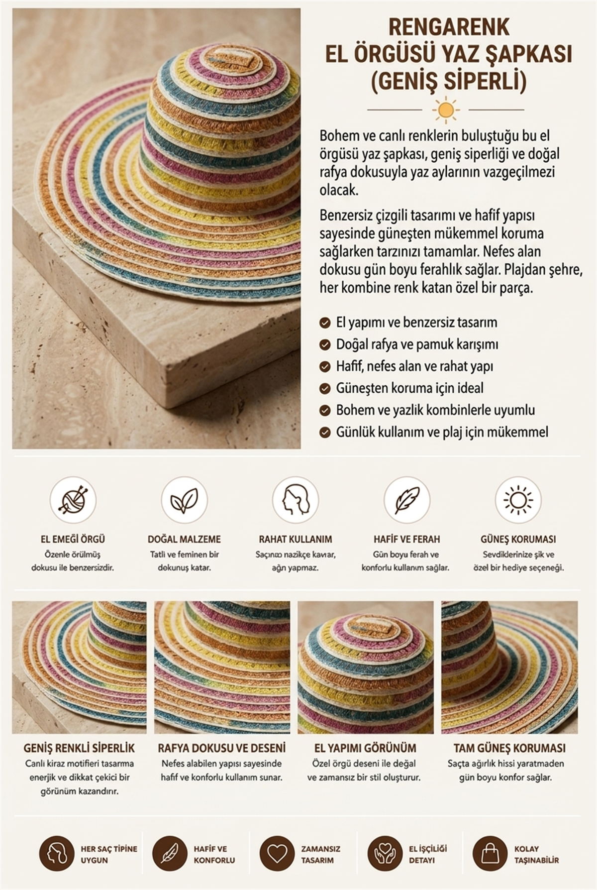 Kadın Çok Renkli Büyük Hasır Şapka