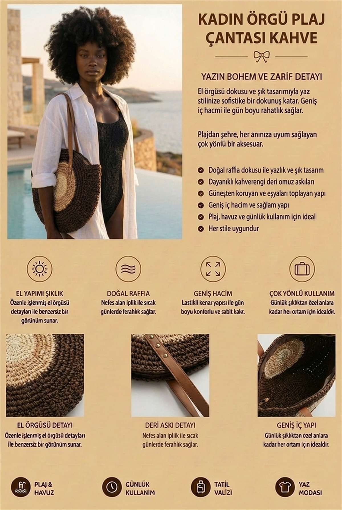 Kadın Çok Renkli Hasır Çanta Kahverengi