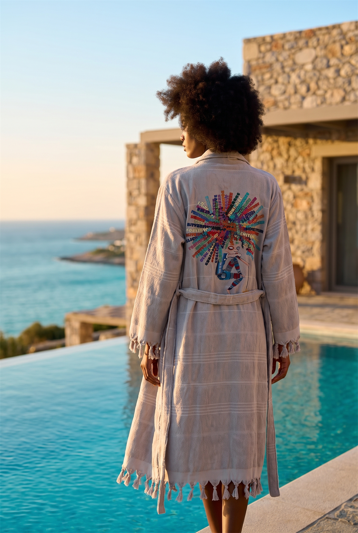 Womens Gray Color Curly Printed Towel Bathrobe