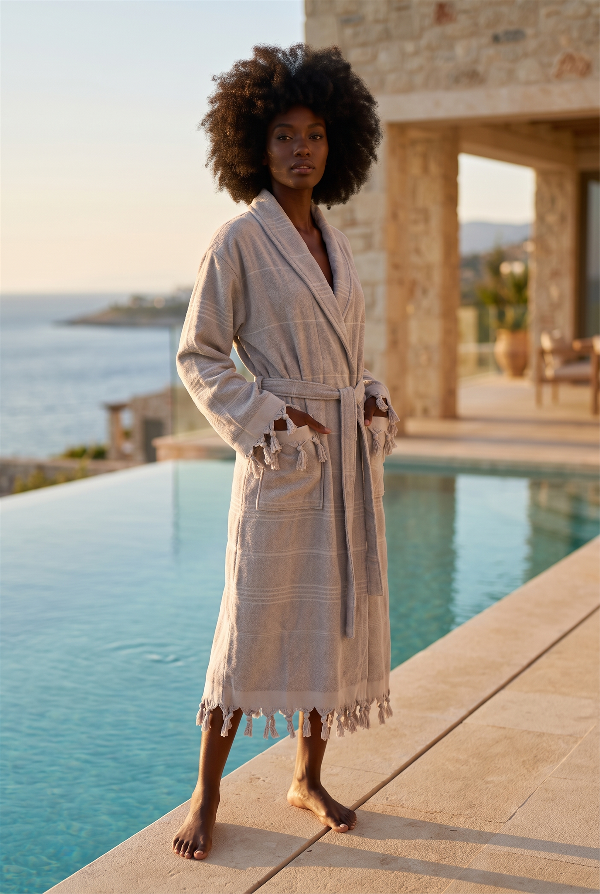 Womens Gray Color Curly Printed Towel Bathrobe