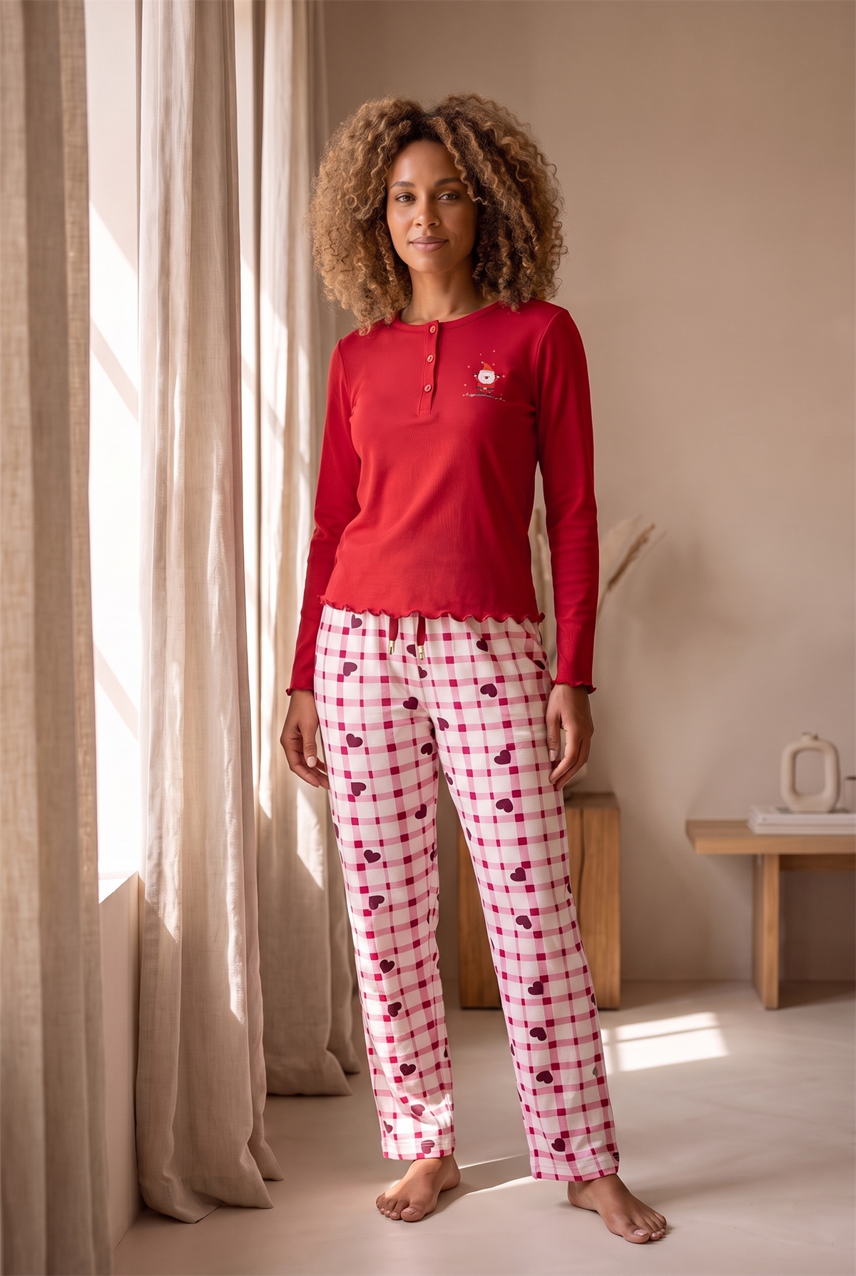 Kadın Dear Santa Ekoseli Pijama Takımı Kırmızı