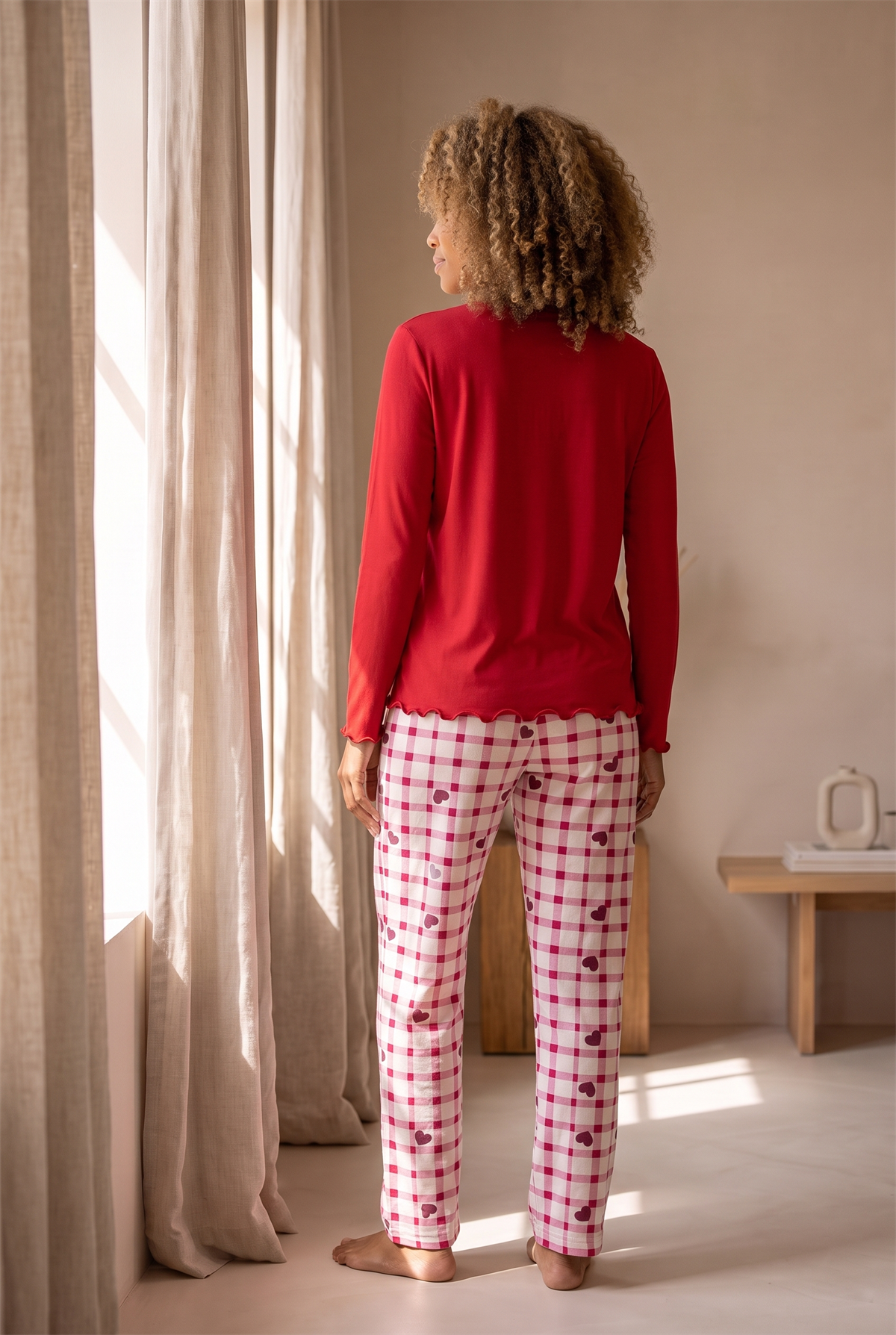 Kadın Dear Santa Ekoseli Pijama Takımı Kırmızı