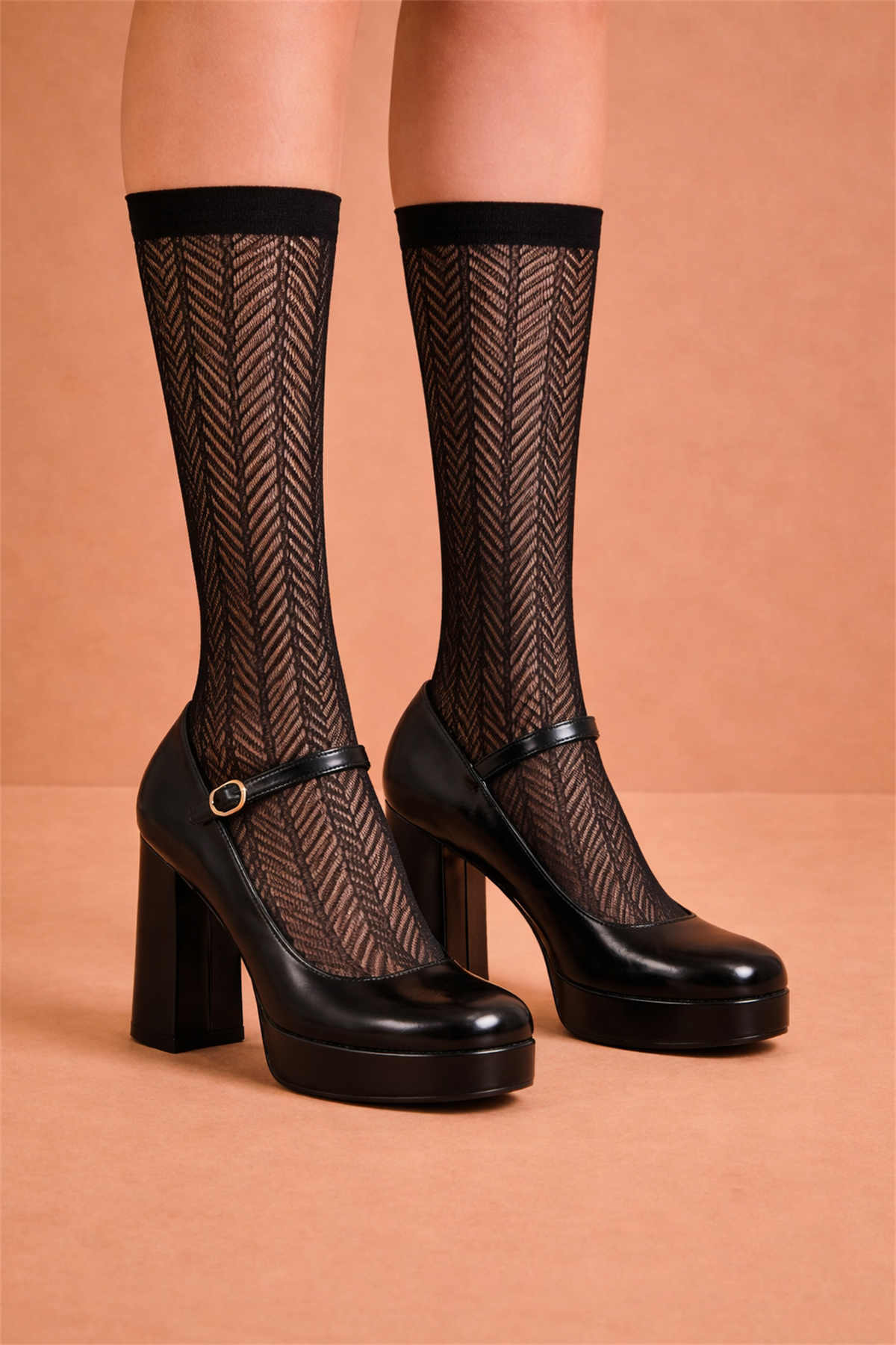 Kadın Desenli Dizaltı Çorap Siyah