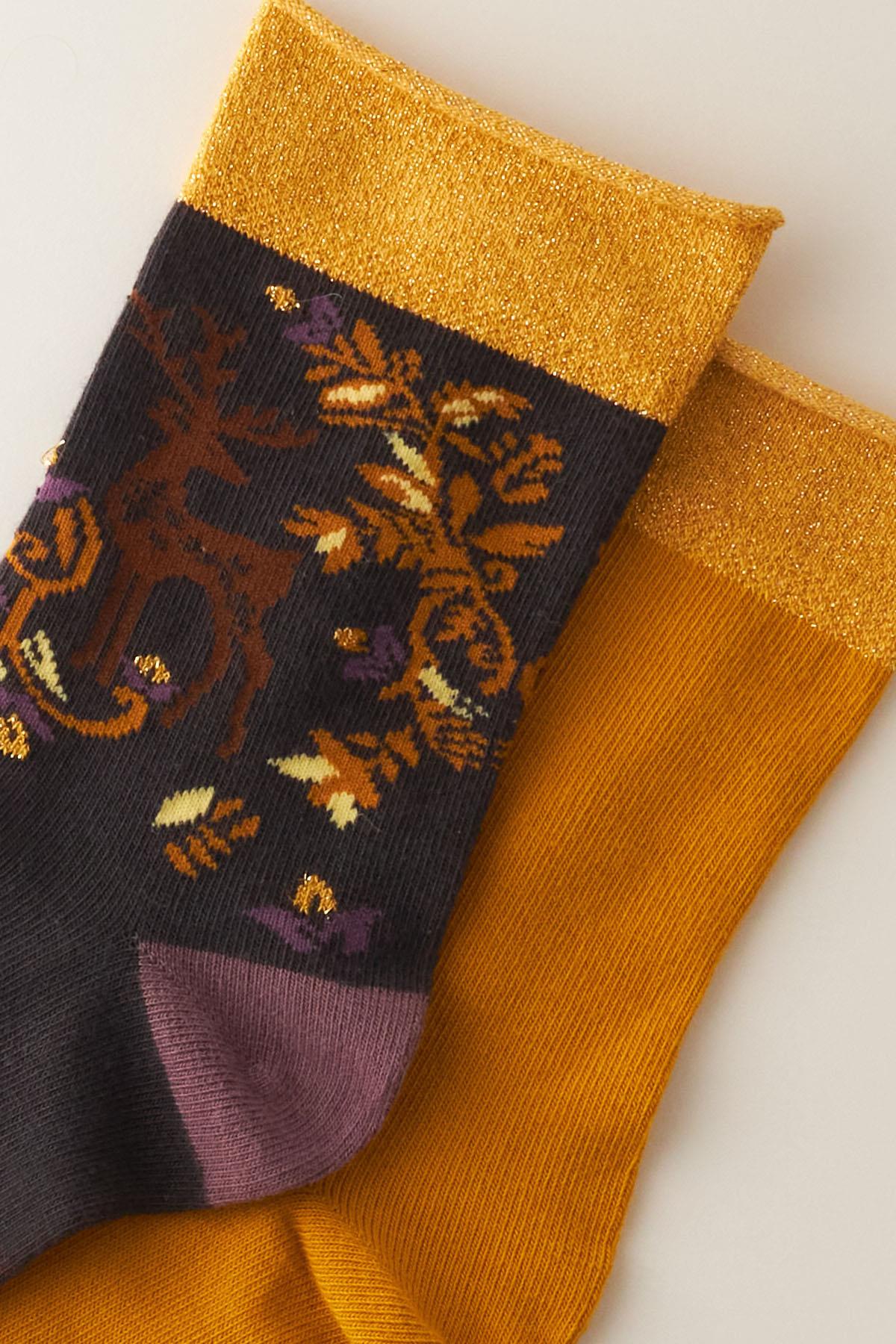 Womens Patterned Metallic 2-Pack Ankle Socks Anthracite Mustard