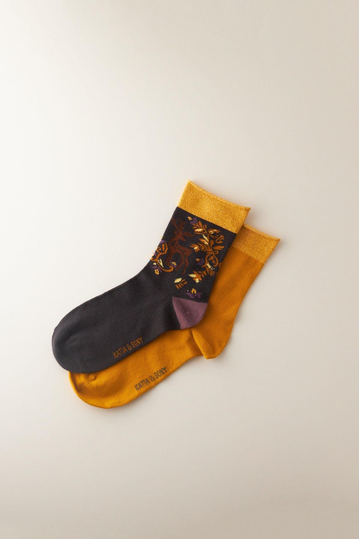 Womens Patterned Metallic 2-Pack Ankle Socks Anthracite Mustard