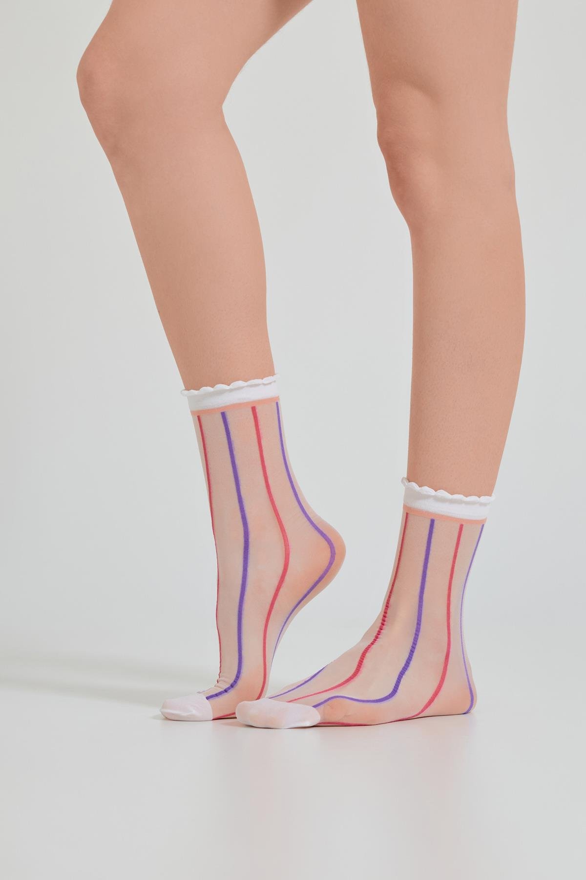 Womens Vertical Colored Striped Thin Sock White