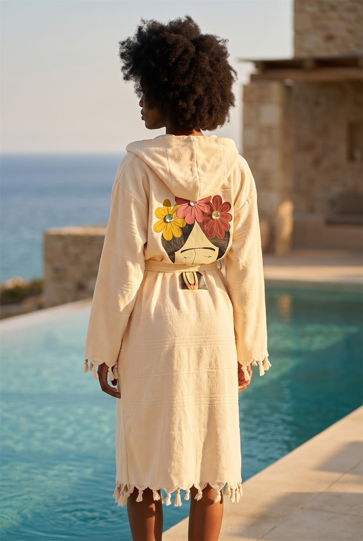 Womens Ecru Colored Frida Detailed Peshtemak Bathrobe