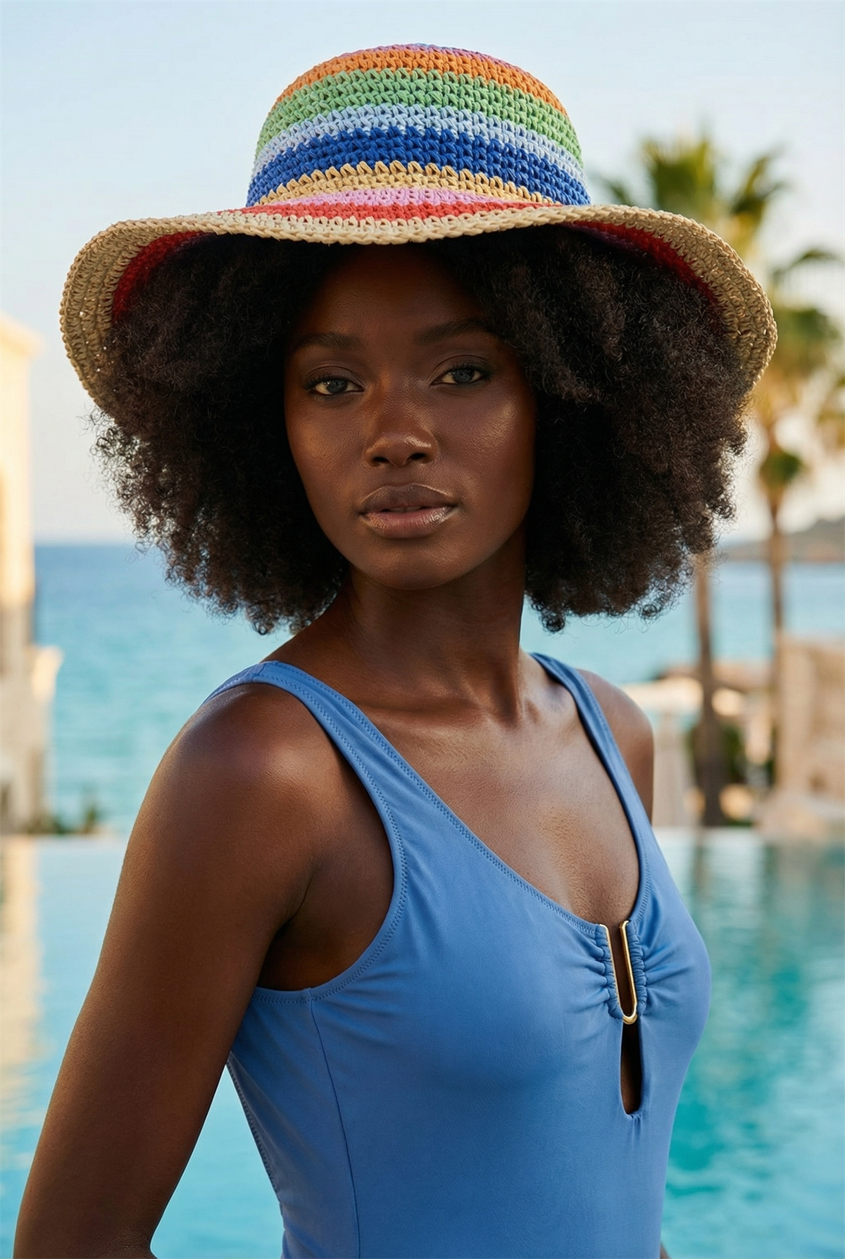 Womens Hand Knitted Straw Hat Multicolored