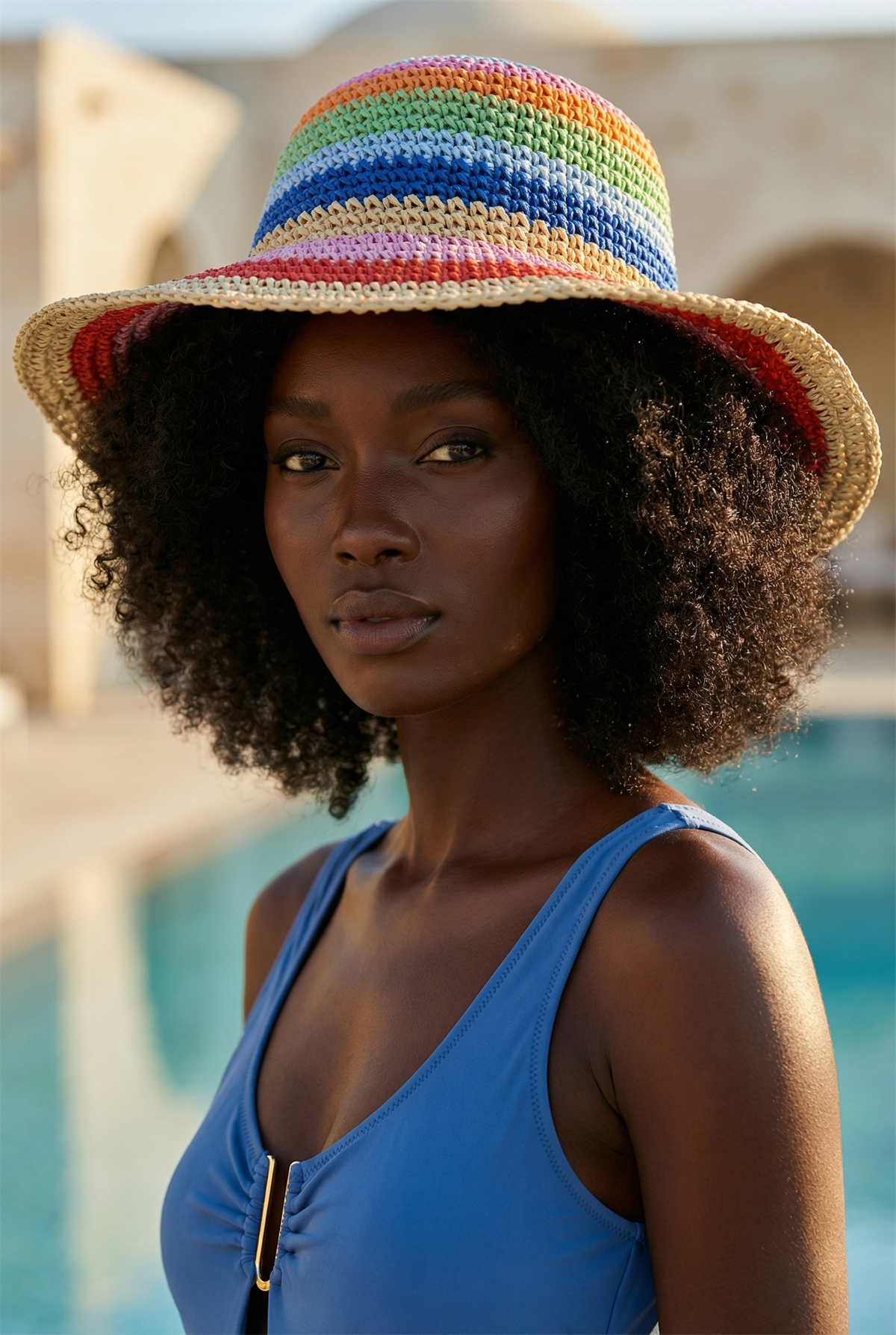 Womens Hand Knitted Straw Hat Multicolored