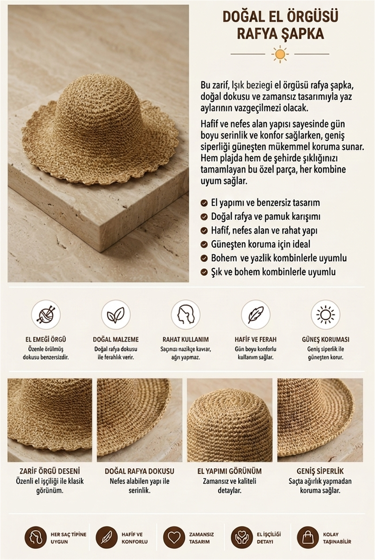 Kadın Fırfırlı Hasır Şapka Bej