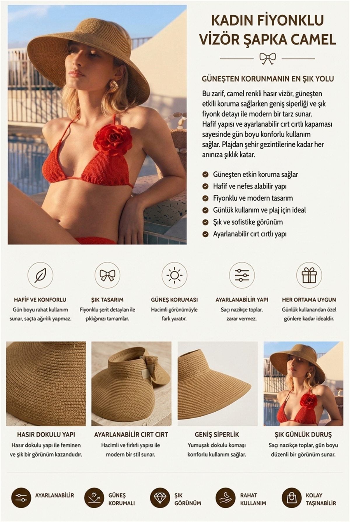 Kadın Fiyonklu Vizör Şapka Camel