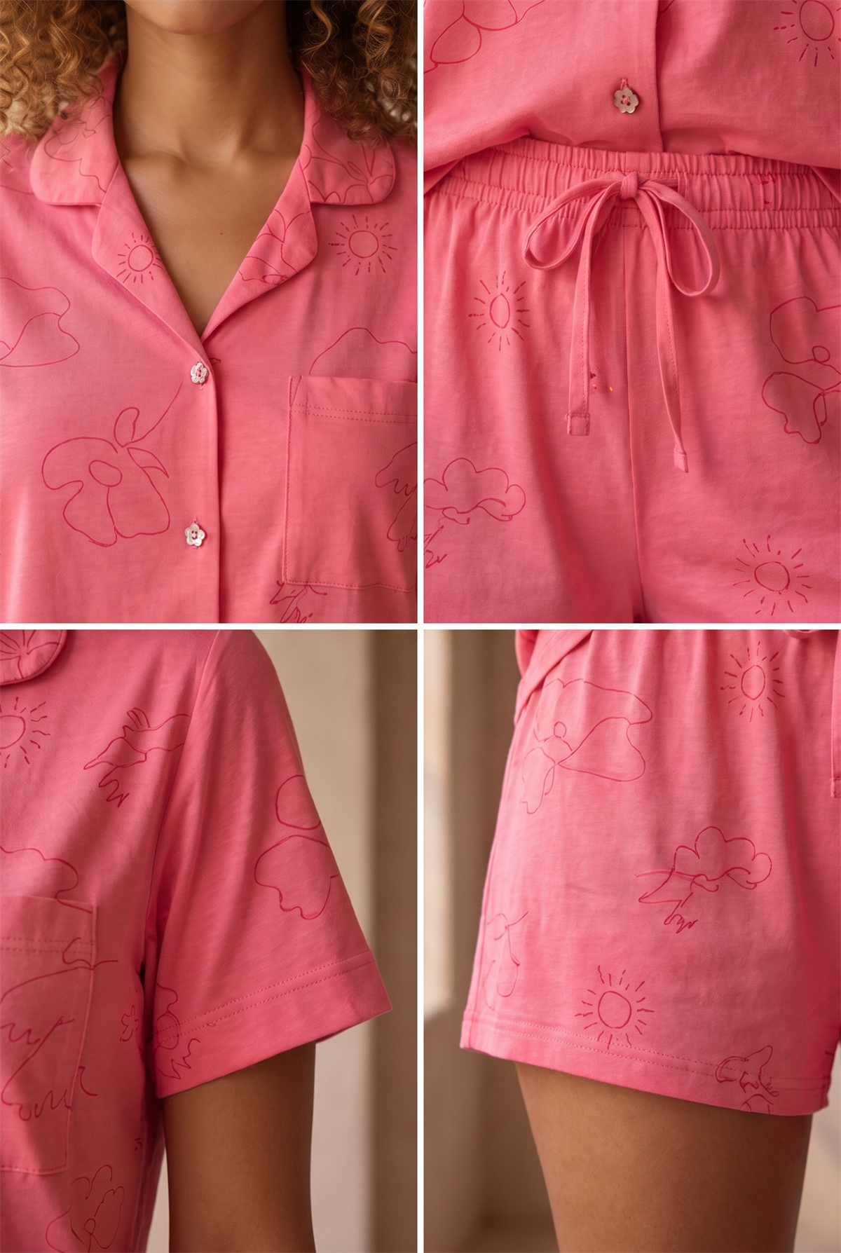 Womens Floral Outburst Pajama Set With Shorts Pink