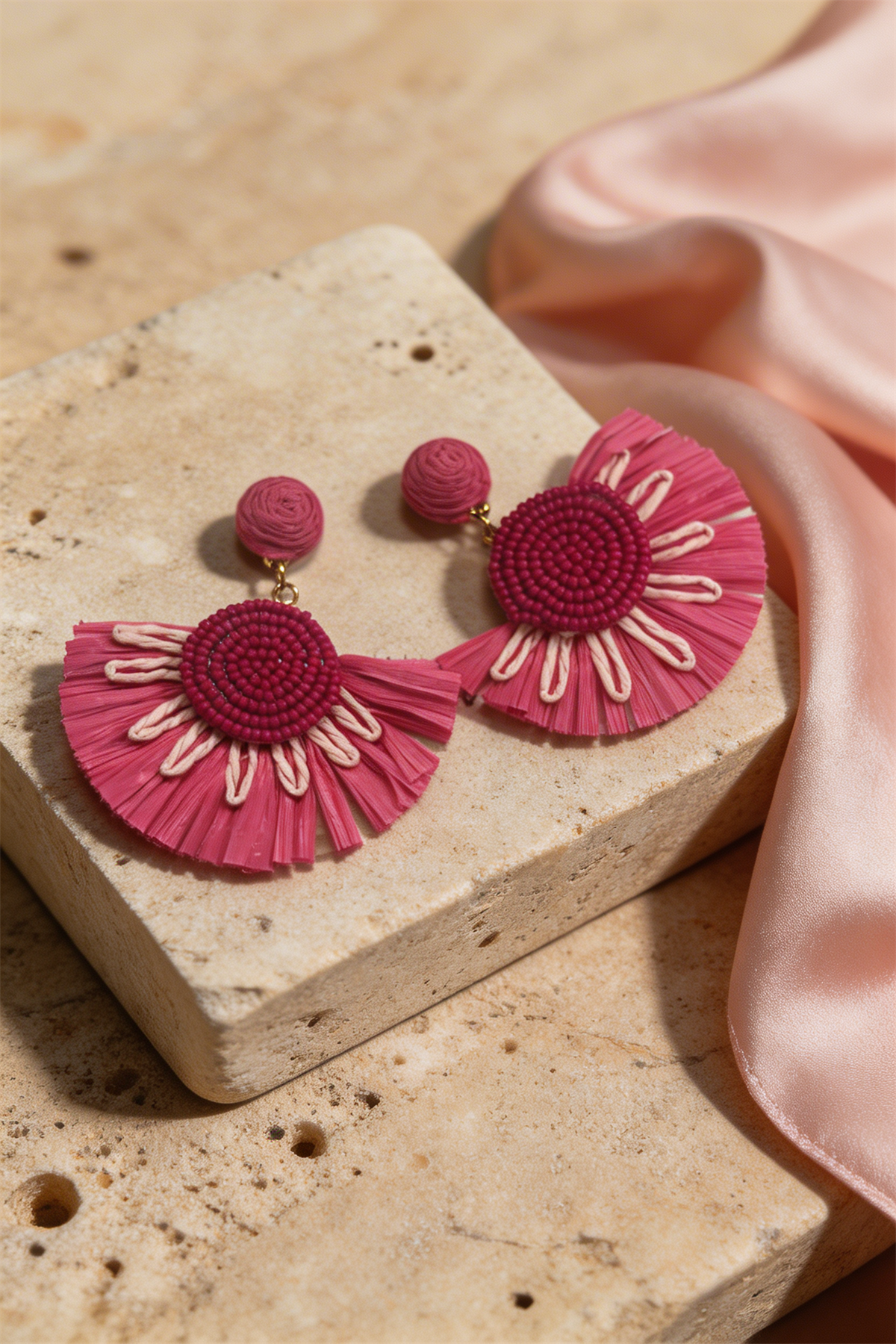 Womens Fuchsia Straw Textured Beaded Earrings