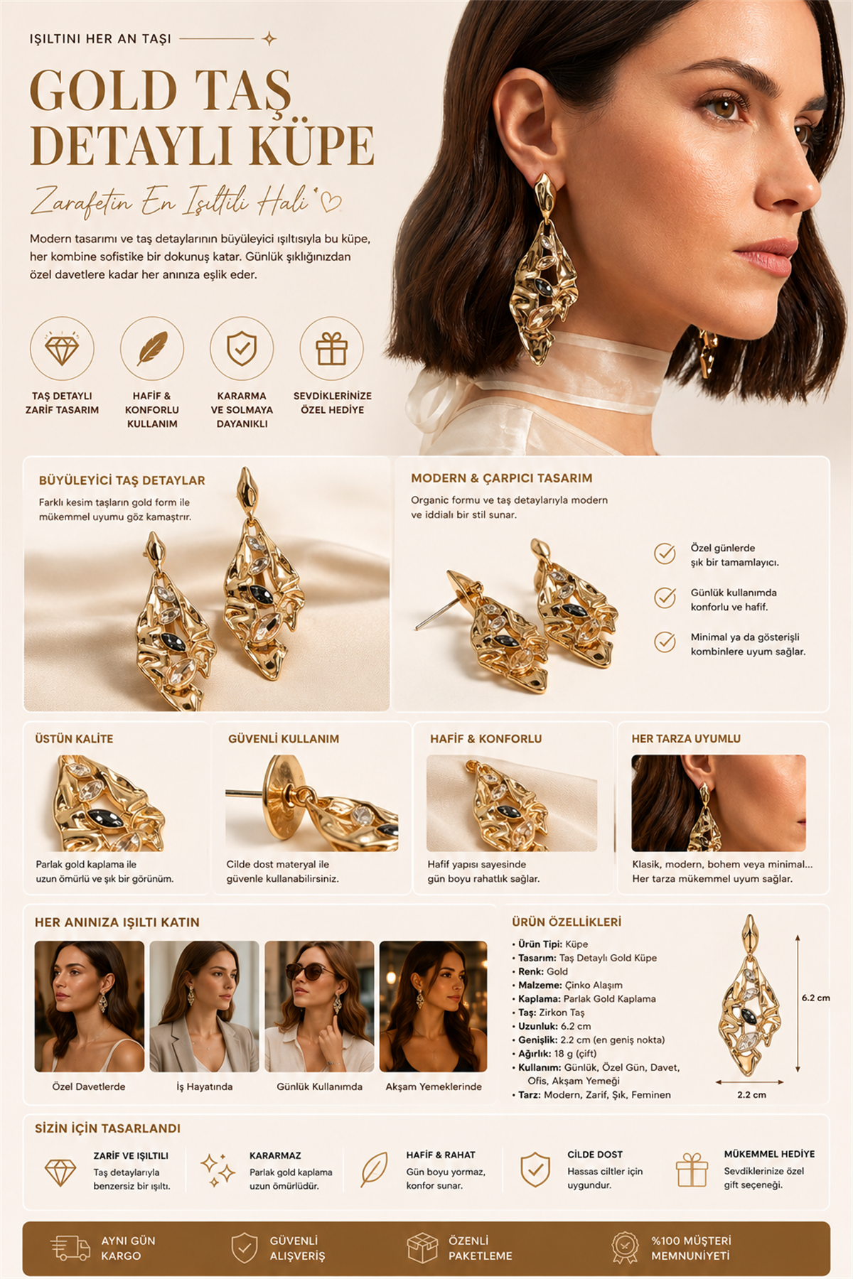 Kadın Gold Taş Detaylı Küpe