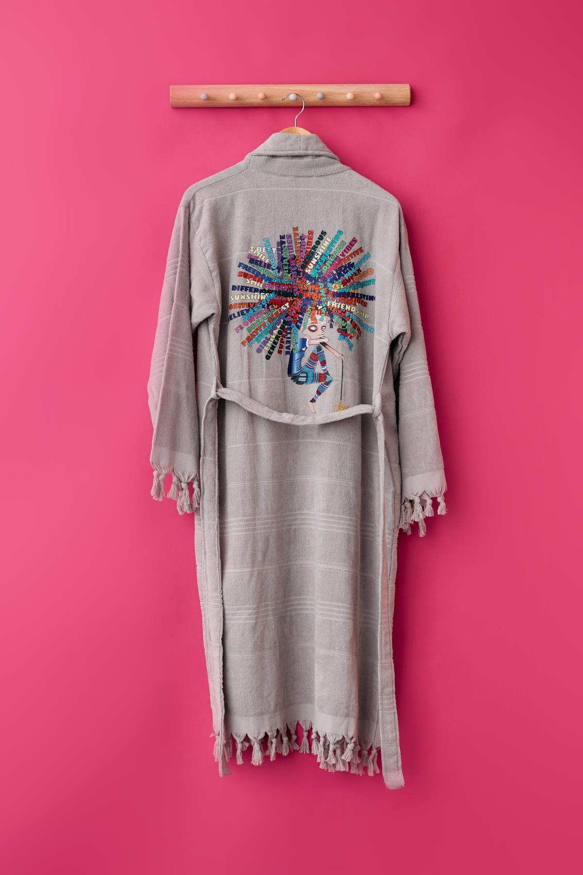 Kadın Gri Renkli Curly Baskılı Havlu Bornoz