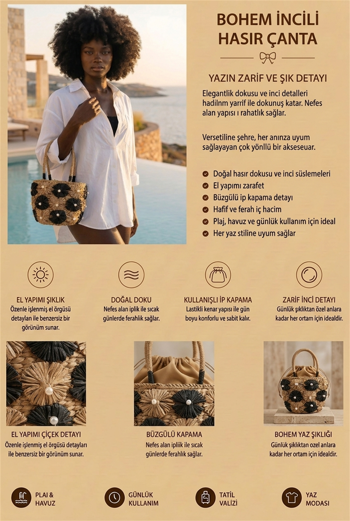 Kadın İncili Çiçek Motifli Hasır Çanta Camel