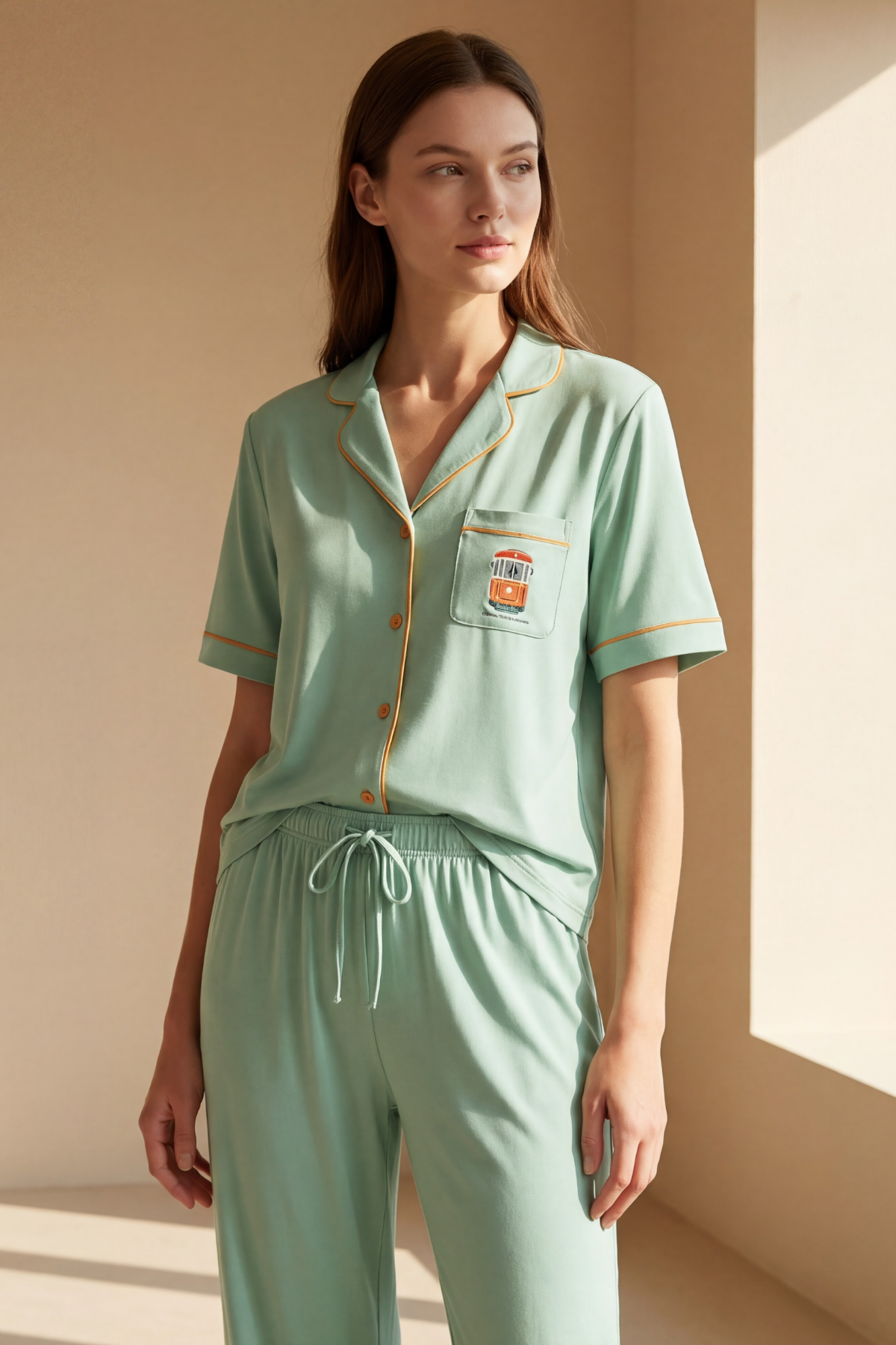 Kadın İstanbul Serisi Tren Desenli Premium Kutulu Pijama Takımı Yeşil