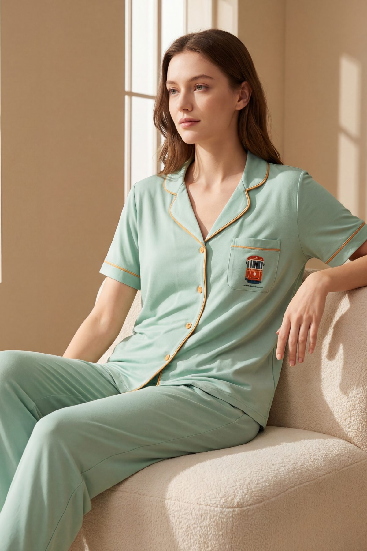 Kadın İstanbul Serisi Tren Desenli Premium Kutulu Pijama Takımı Yeşil