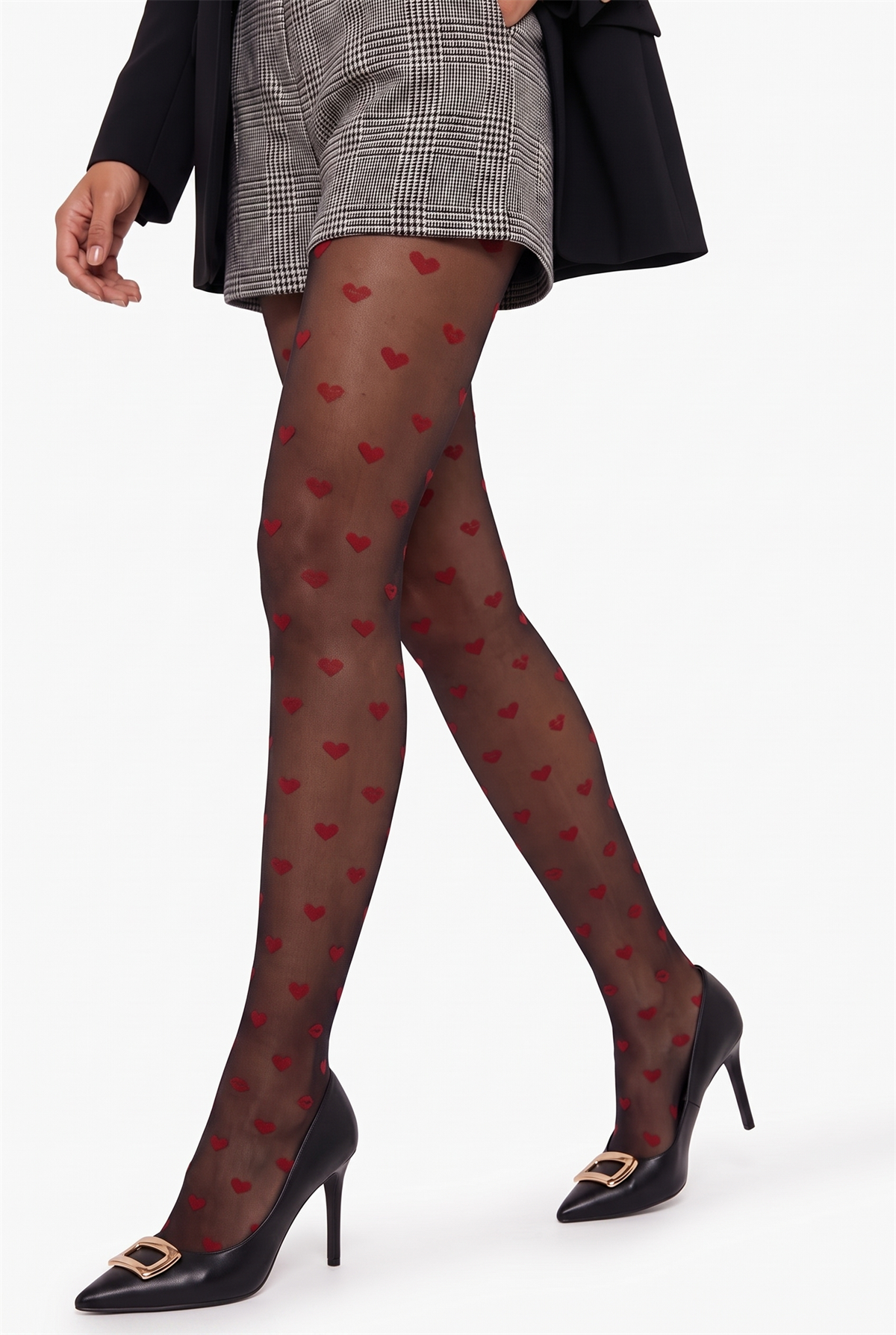 Womens Heart Patterned Thin Opaque Pantyhose Black