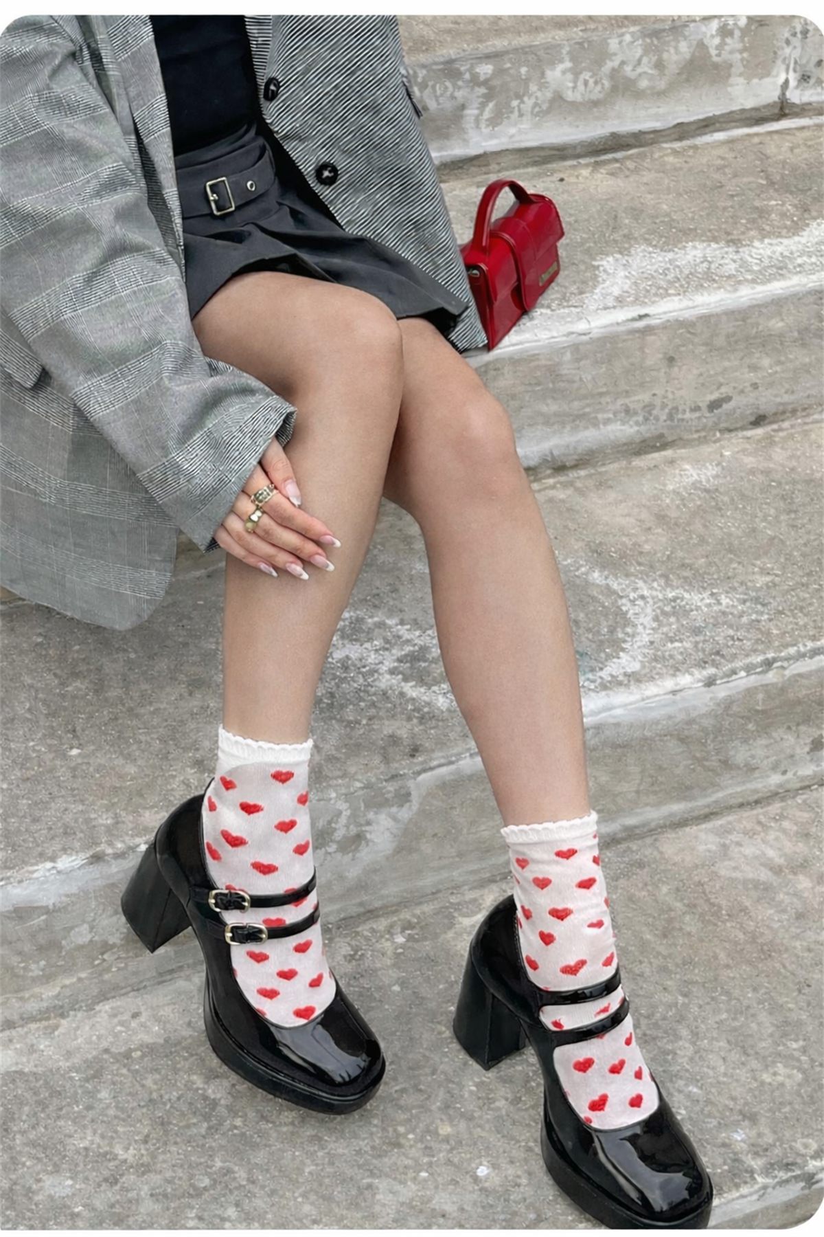 Kadın Kalp Desenli İnce Soket Çorap Beyaz