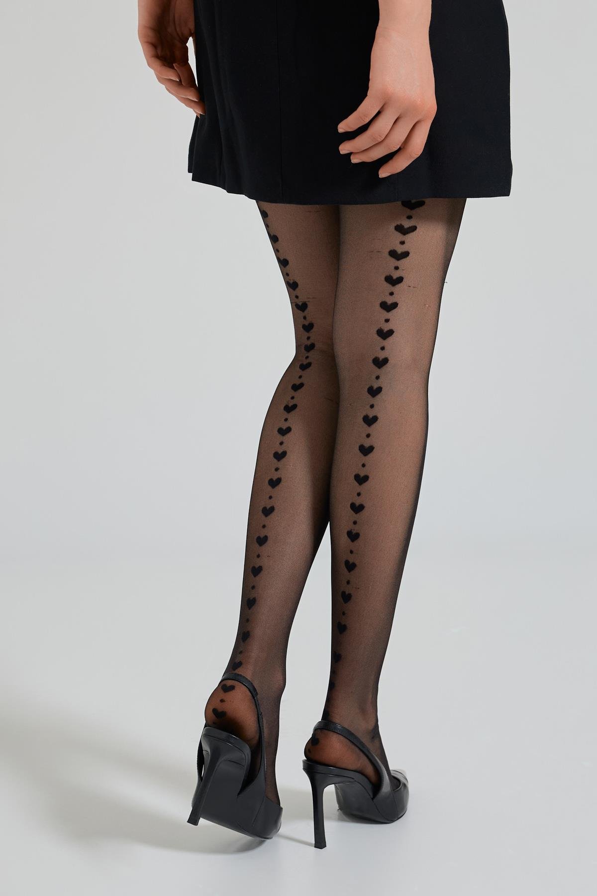 Womens Heart Patterned Thin Tights Black