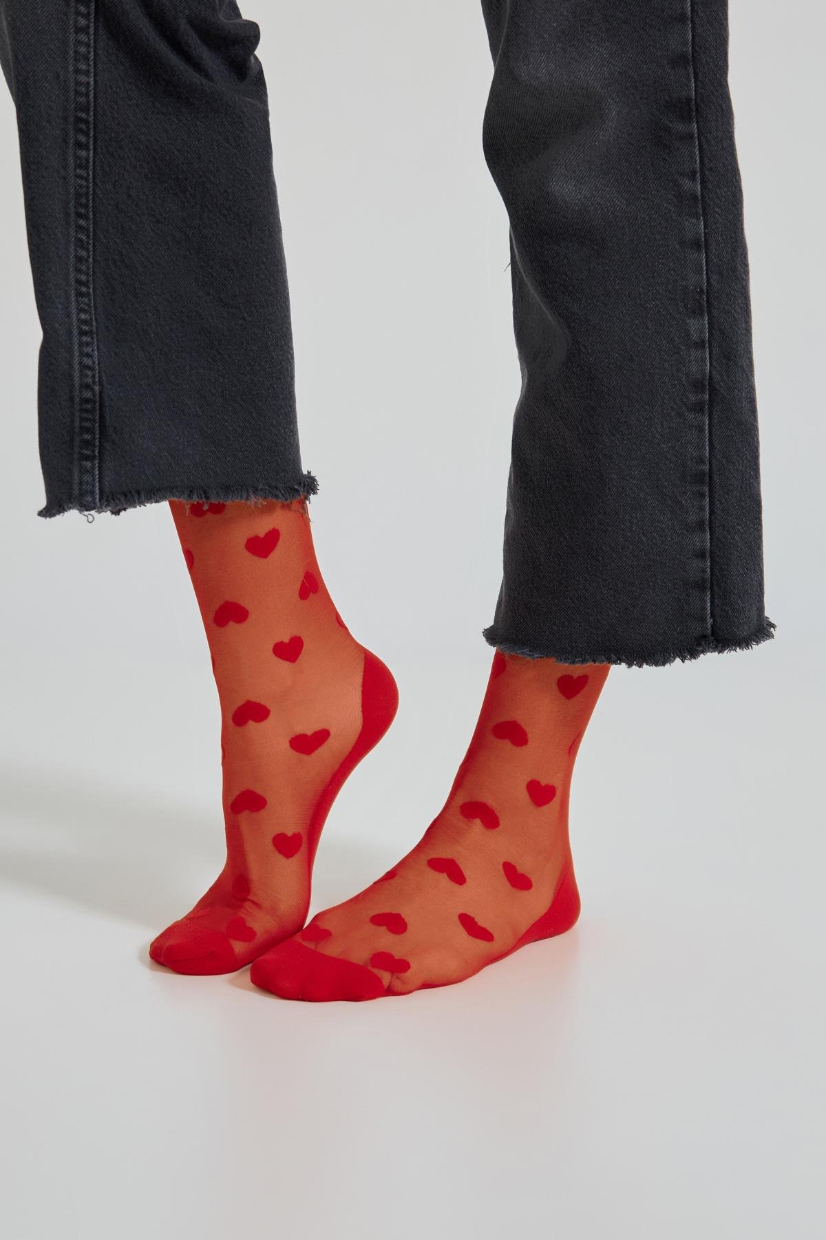 Womens Heart Patterned Thin Sock Red