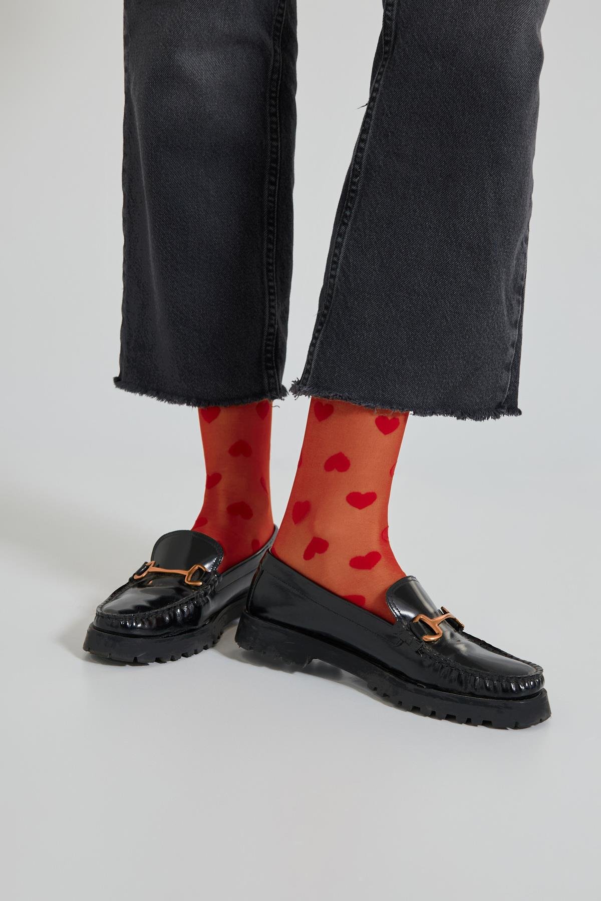 Womens Heart Patterned Thin Sock Red