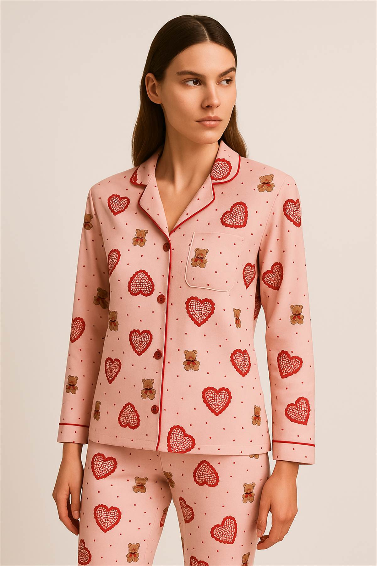 Kadın Kalpli Teddy Desenli Pijama Takımı Pembe