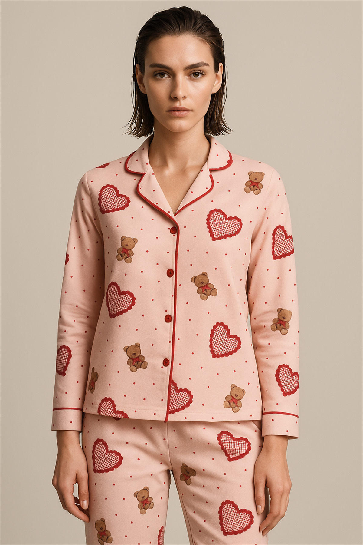Kadın Kalpli Teddy Desenli Pijama Takımı Pembe