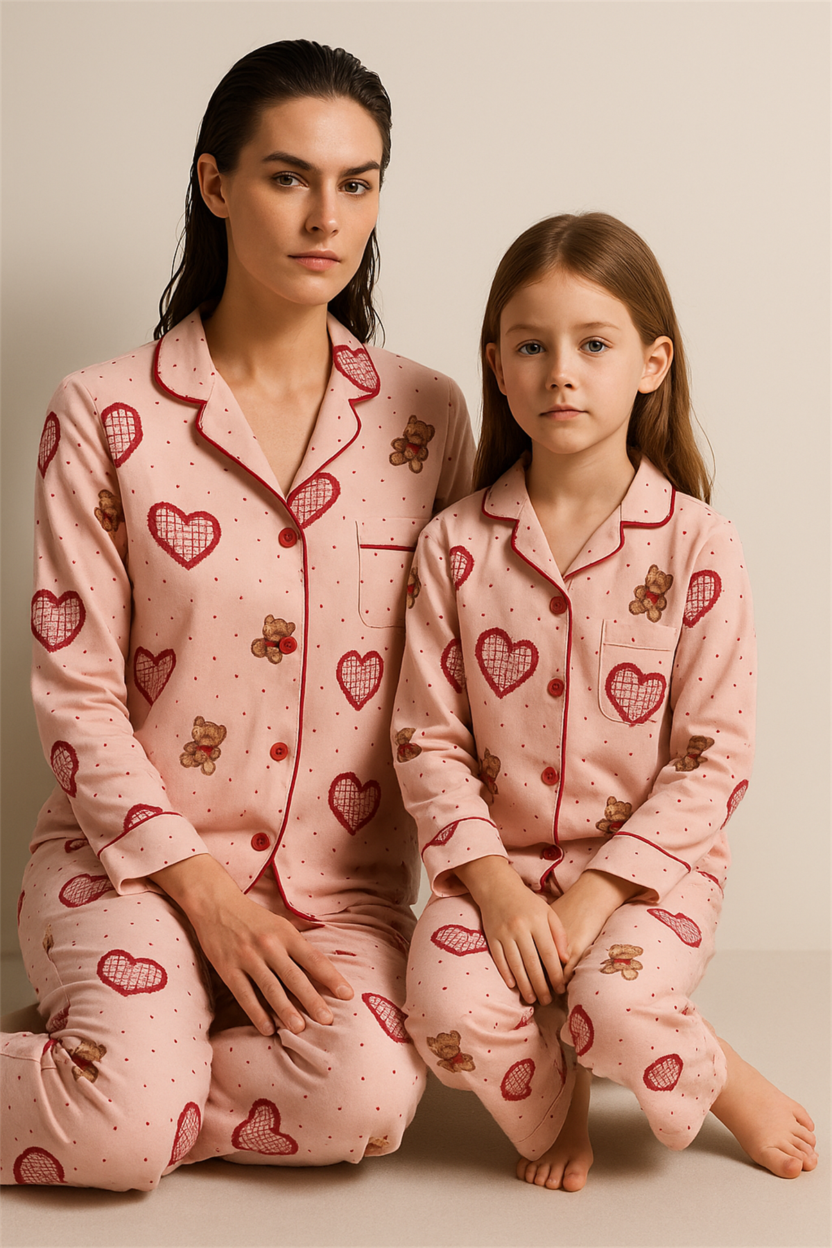 Kadın Kalpli Teddy Desenli Pijama Takımı Pembe