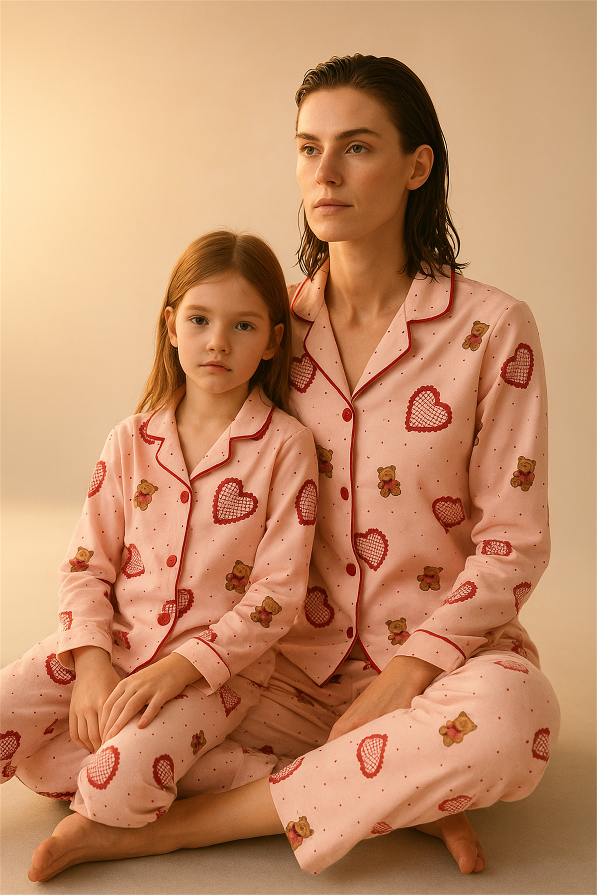 Kadın Kalpli Teddy Desenli Pijama Takımı Pembe