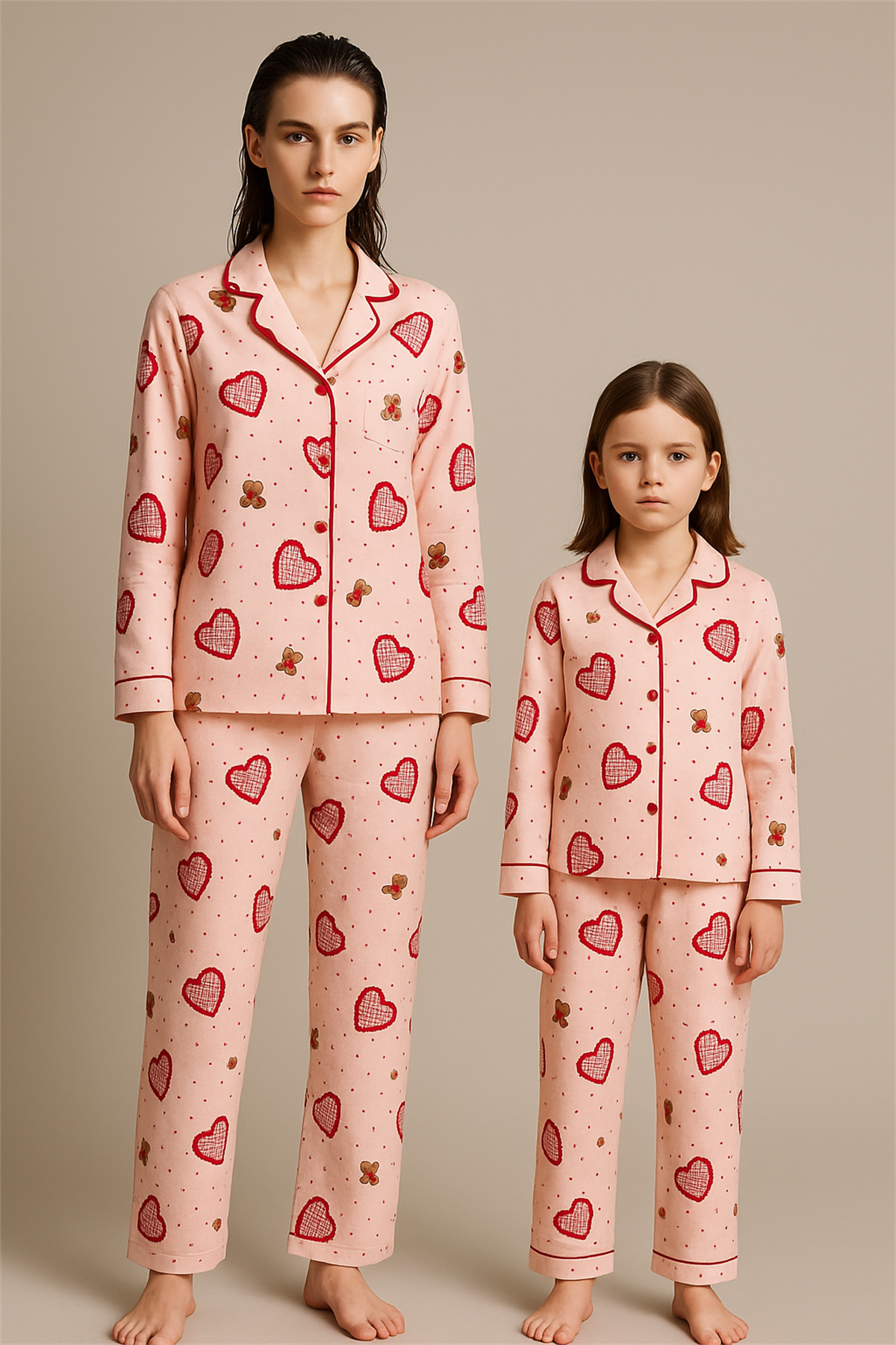 Kadın Kalpli Teddy Desenli Pijama Takımı Pembe