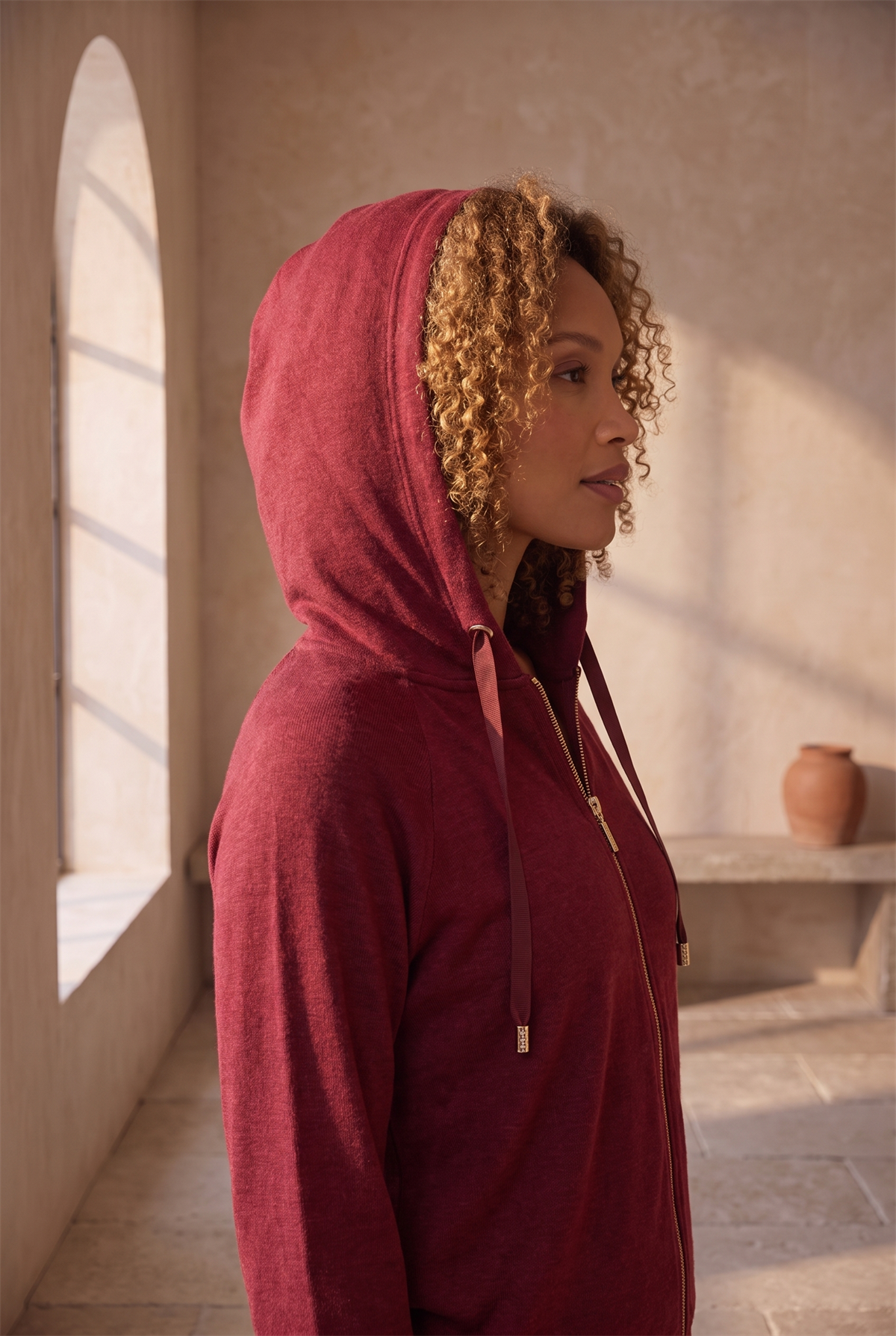 Kadın Kapüşonlu Fermuarlı Basic Sweatshirt Bordo