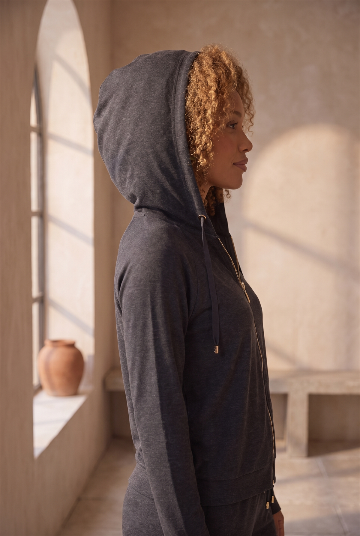 Kadın Kapüşonlu Fermuarlı Basic Sweatshirt Antrasit