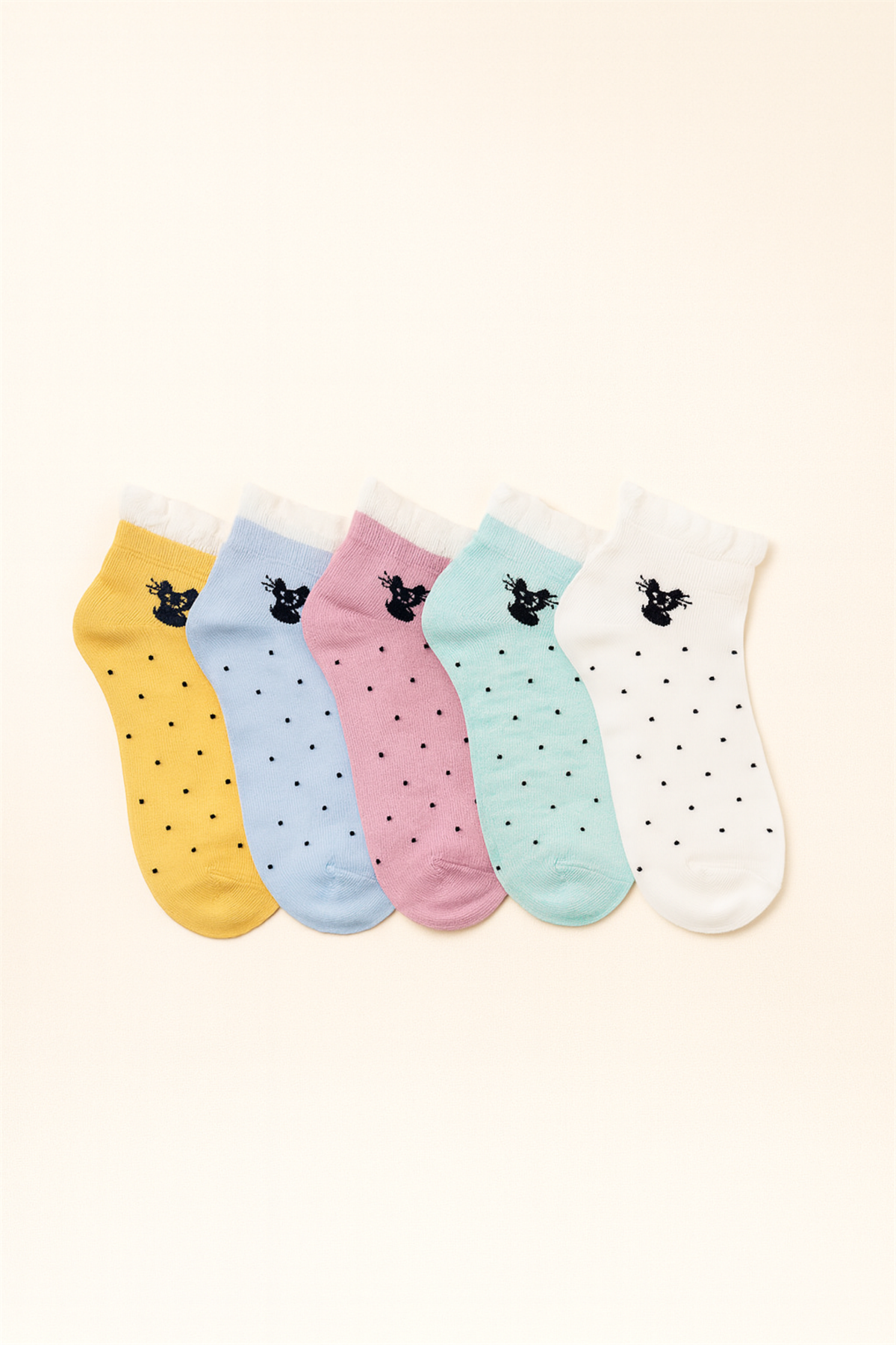 12401G2104 5 PCK KEDİ DESENLİ KADIN STEP ÇORAP ÇOK RENKLİ