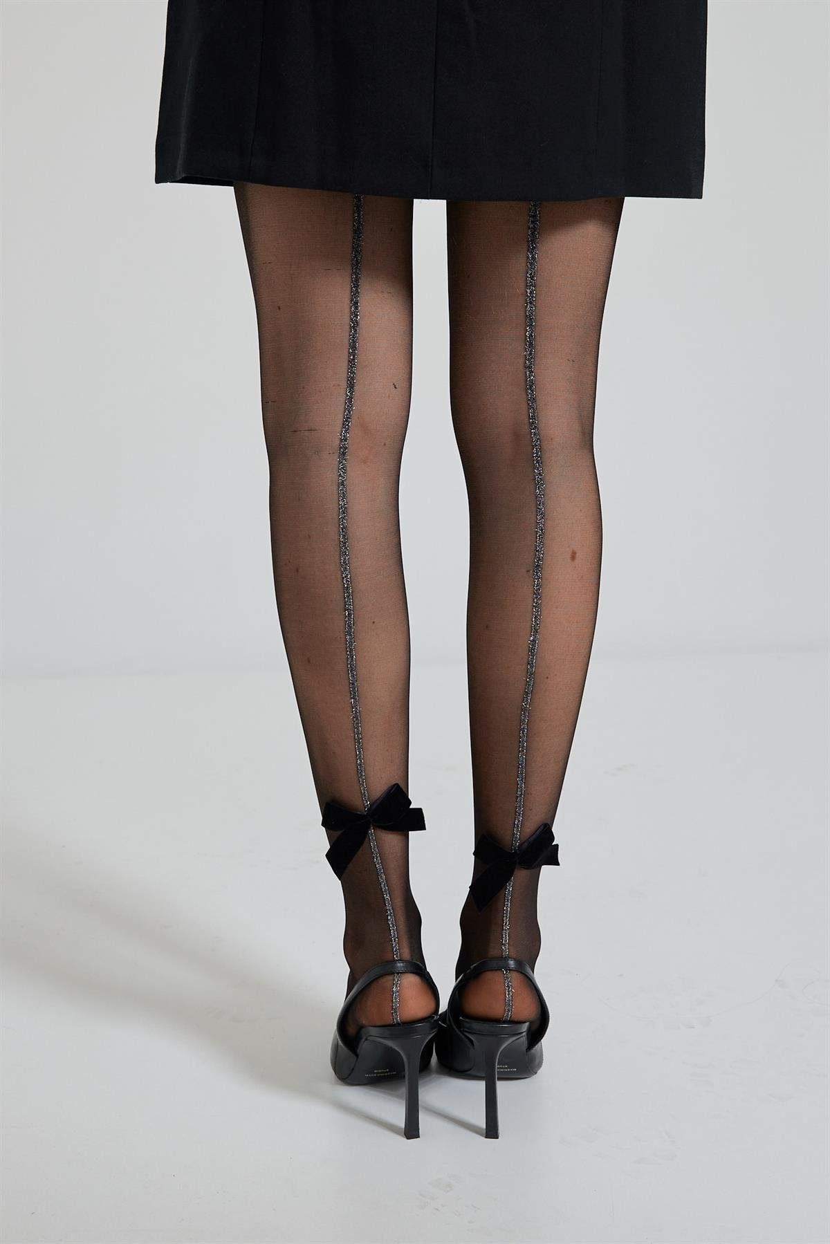 12502G1002 KURDELE AKSESUARLI ŞERİTLİ KADIN KÜLOTLU ÇORAP SİYAH
