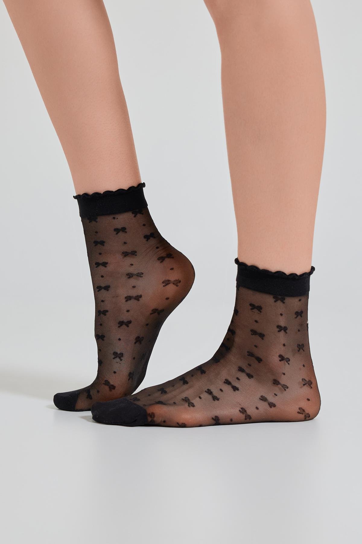 Womens Ribbon Patterned Thin Sock Black