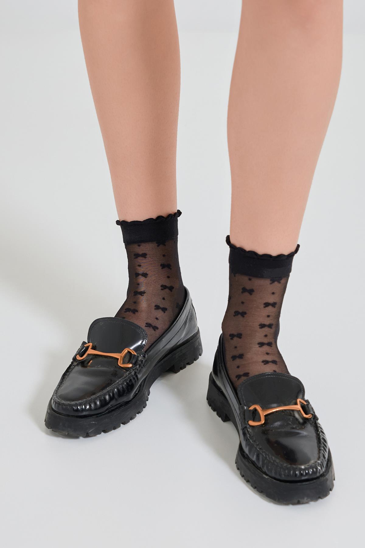 Womens Ribbon Patterned Thin Sock Black