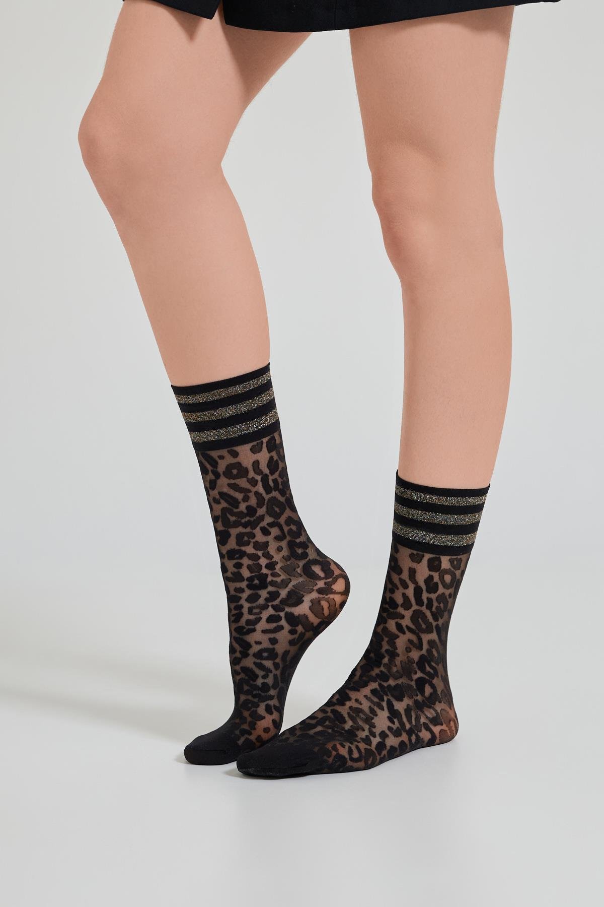 Womens Leopard Print Thin Sock in Black/Silver