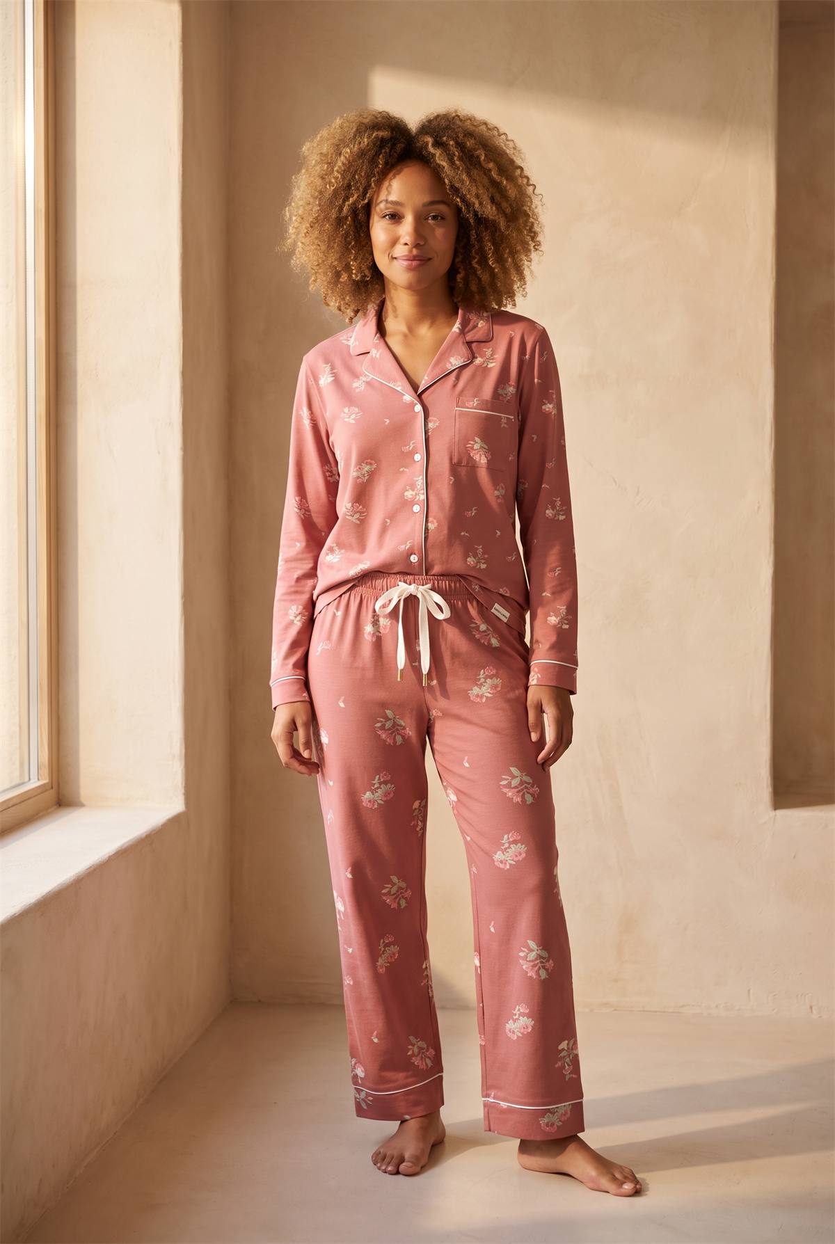 Kadın Lovely Winter Çiçekli Gül Kurusu Pijama Takımı