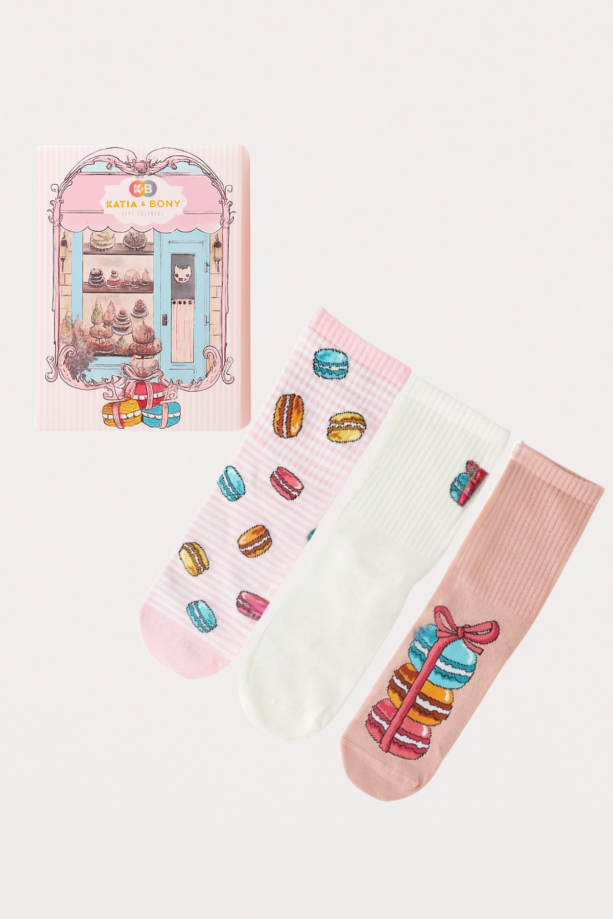 Womens Macaron Patterned 3-Piece Gift Boxed Sock Set