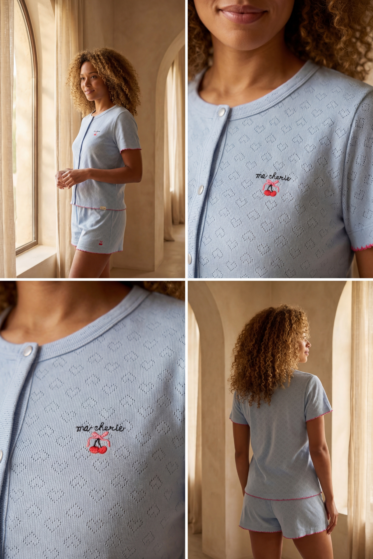 Womens Mediterranean Cherry Embroidered Pajama Set With Shorts Blue