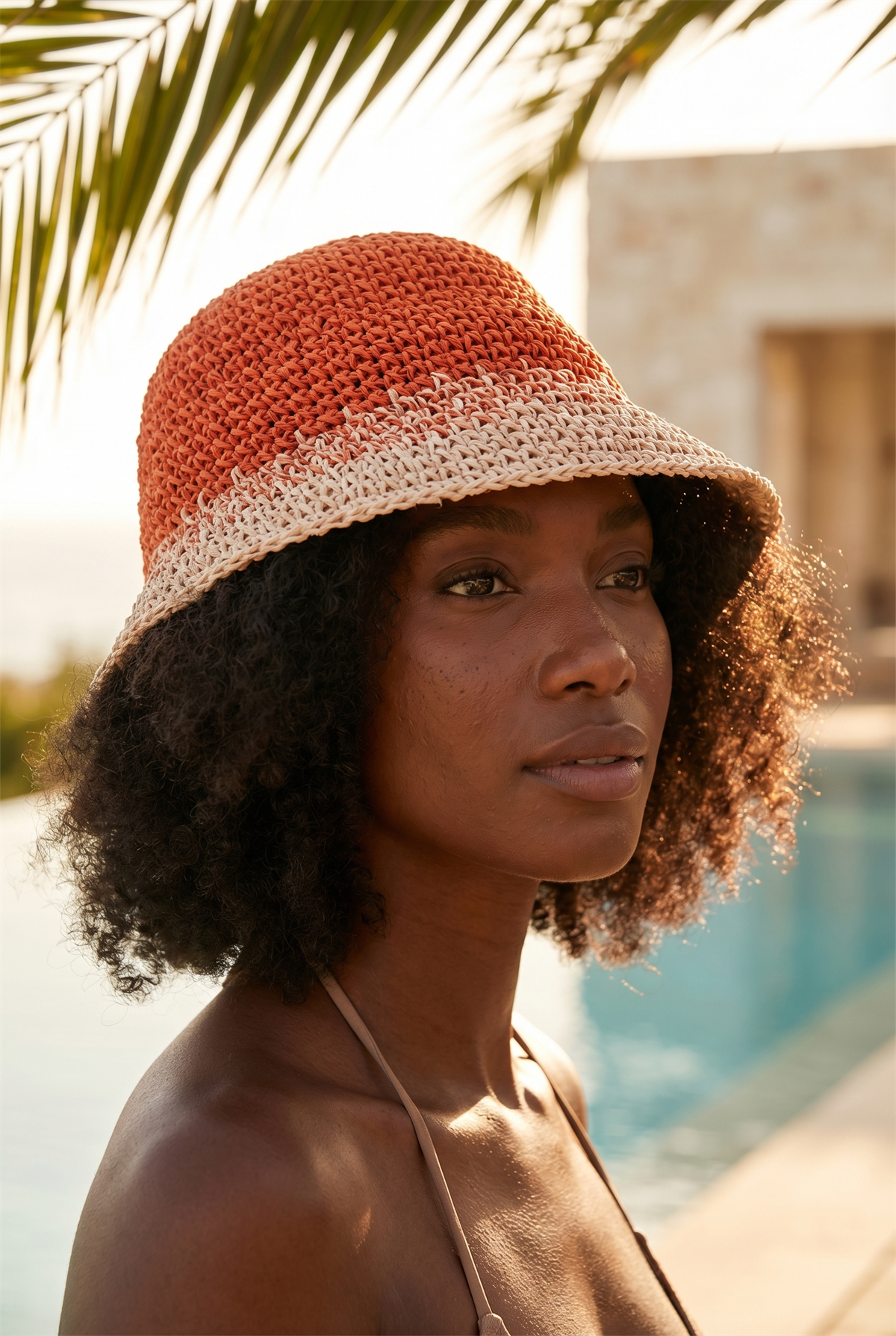 Womens Knitted Patterned Straw Hat Red